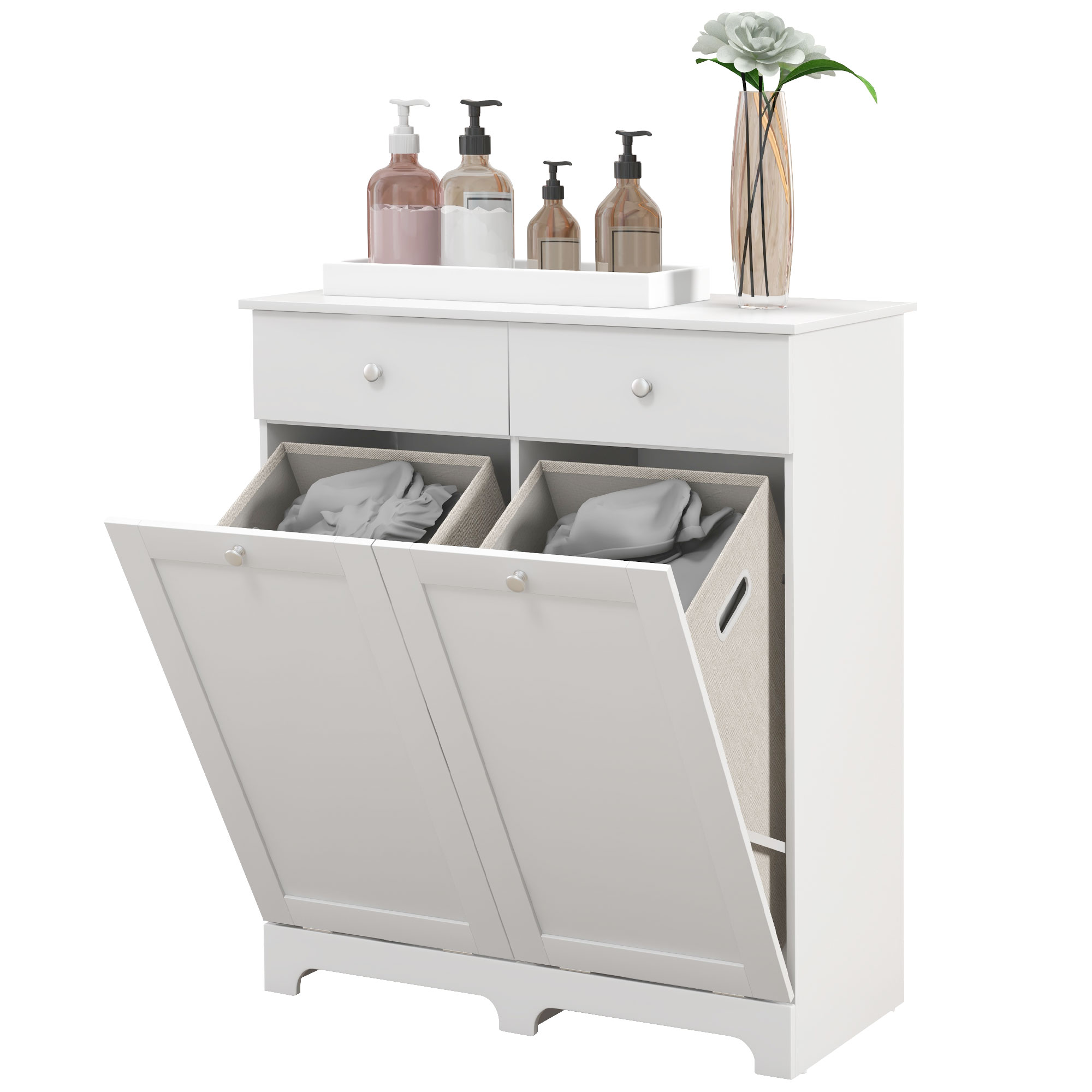 HOMCOM Badezimmerschrank, Aufbewahrungsmöbel, mit faltbaren Wäschekörben 2 Schubladen, 78L x 40B x 90,5H cm, weiß
