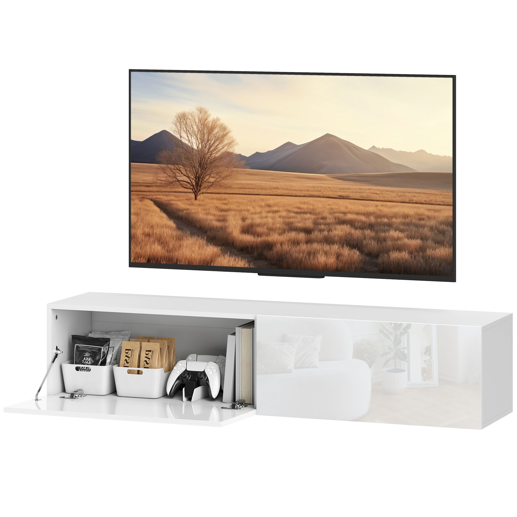 HOMCOM Wandmontierter TV-Schrank, schwebende TV-Kommode mit viel Ablagefläche und Stauraum, Spanplatte, Weiß