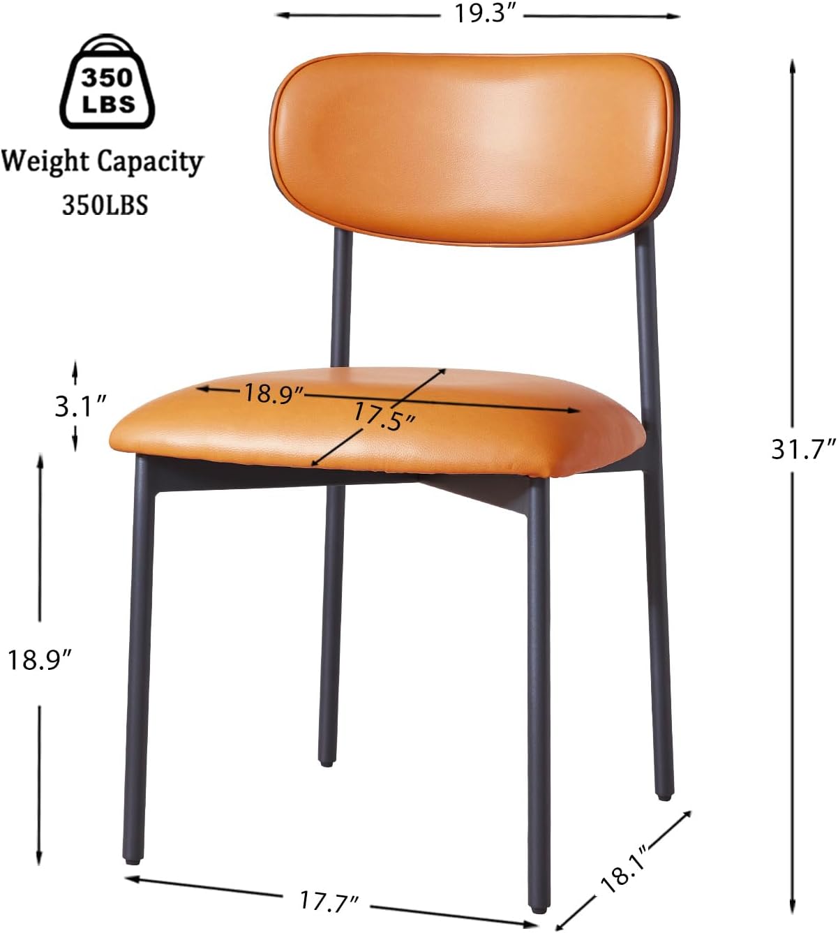 Brown Faux Leather Dining Chairs Set of 4, Armless Upholstered Kitchen Chairs with Wood Grain Back, Modern Dining Room Chairs with Curved Backrest & Black Metal Legs