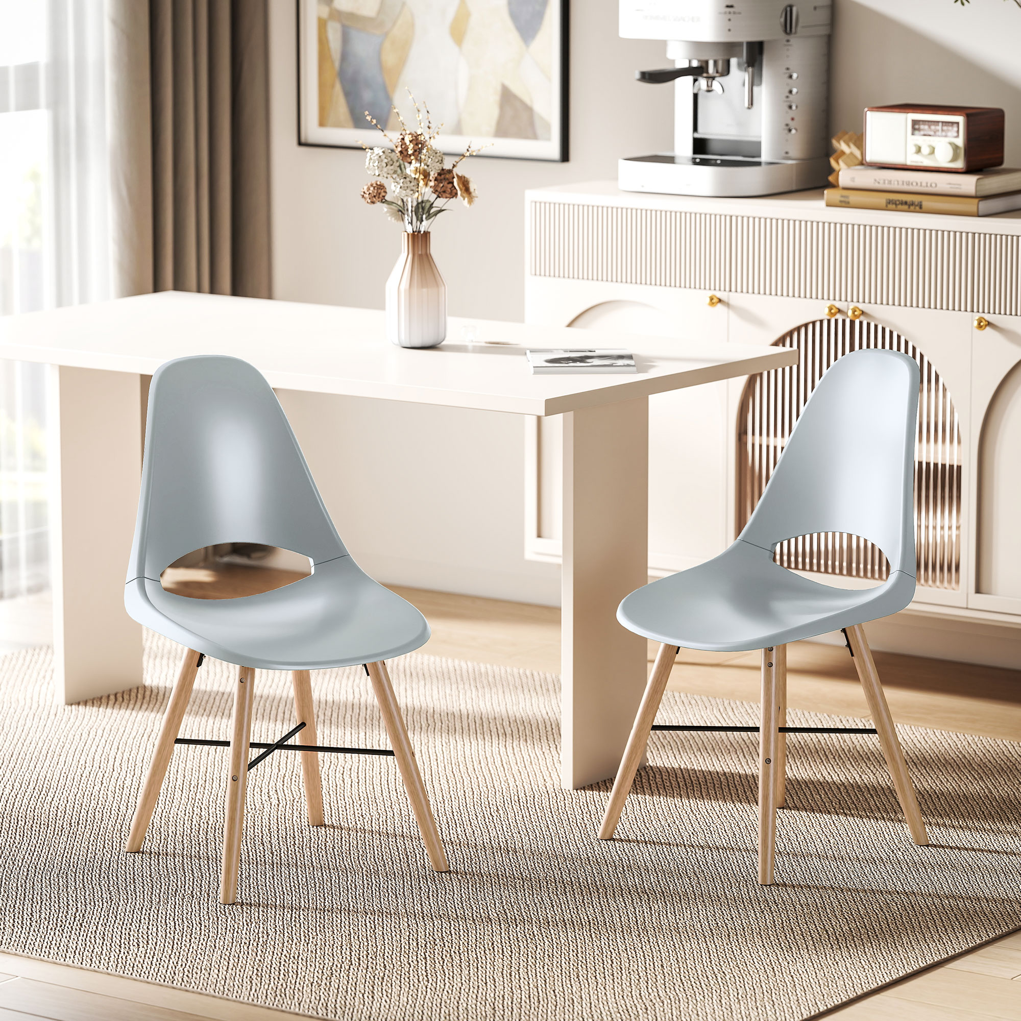 HOMCOM Set von 2 Esszimmerstühlen aus Kunststoff und Kautschukholz im skandinavischen Stil mit gebogenem Rücken, Grau