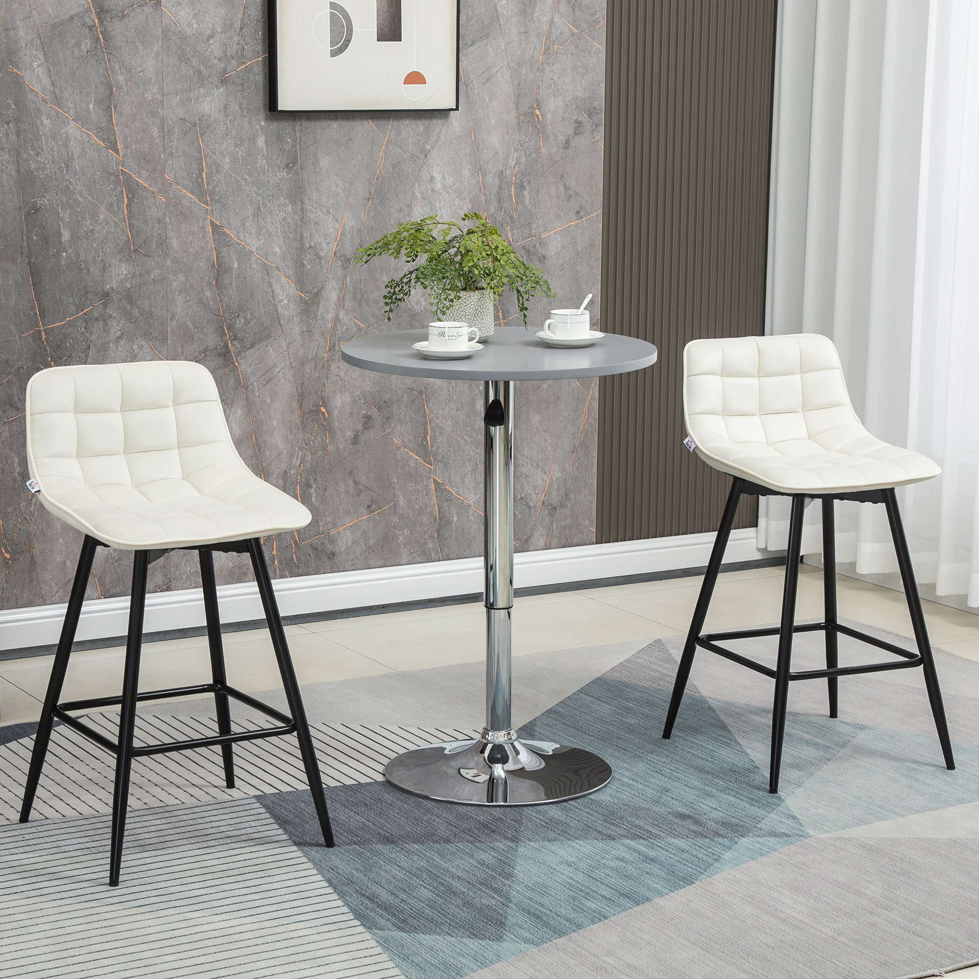 HOMCOM Set 2 Barhocker mit Rückenlehne und Fußstütze im nordischen Stil aus Metall und Samtoptik, Farbe Cremeweiß, 45x47x84 cm