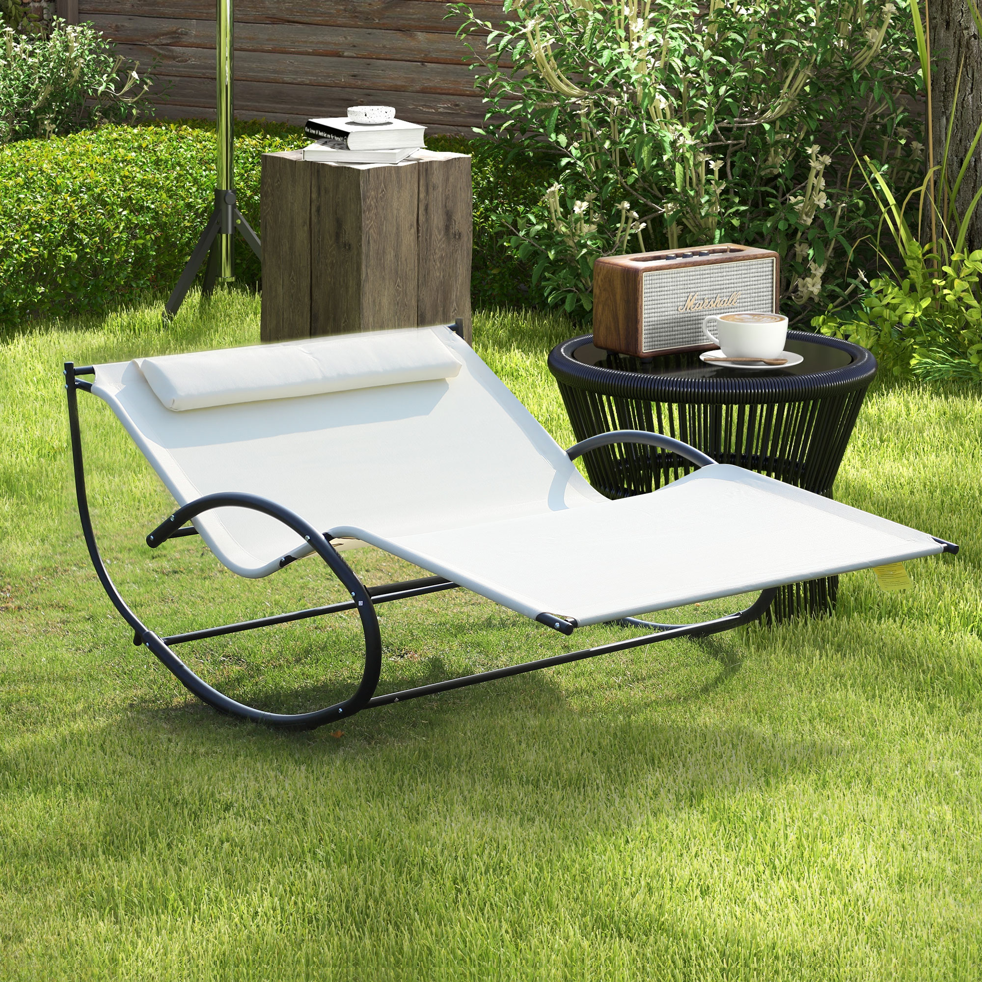 Outsunny Sonnenliege 2-Sitzer, Schaukel-Gartenliege aus Metall und Textilgewebe, 140x200x36-88cm, Cremeweiß
