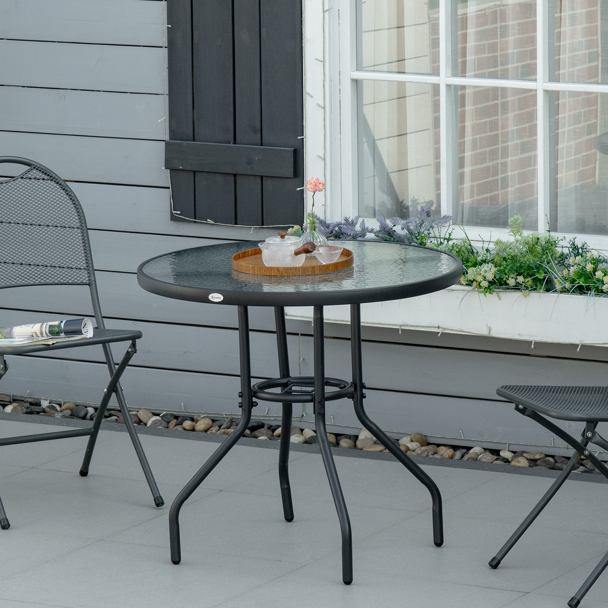 Outsunny Gartentisch Garten Beistelltisch Gartenmöbel Balkontisch Bistrotisch mit Schirmloch Hartglas + Metall Schwarz Ø80 x 72 cm