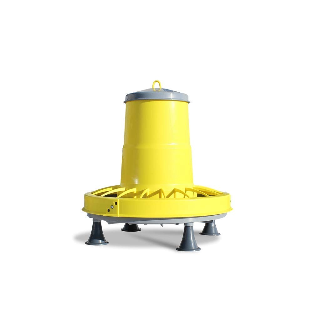 Zootec Mangiatoia per Galline, antispreco, Asta Regolazione del mangime, Coperchio e Piedini. capacità 5 kg. + Abbeveratoio per Galline a sifone in plastica con Manico e Piedini. capacità 10 Litri.