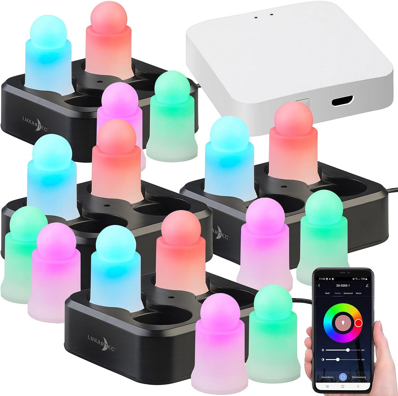 Lunartec LED-Kerzenlampe: 16er-Set wetterfeste LED-RGBWW-Kerzen mit Akku, Ladeschale, Gateway (Partylichter, WLAN-Kerzen, Home)