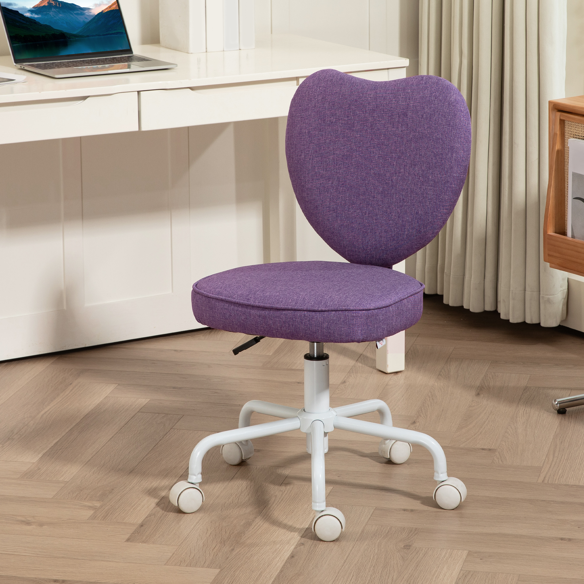 HOMCOM Schreibtischstuhl in Herzform mit 5 Rollen und Höhenverstellung in Leinenstoff, 40x50x79-89cm, Lila