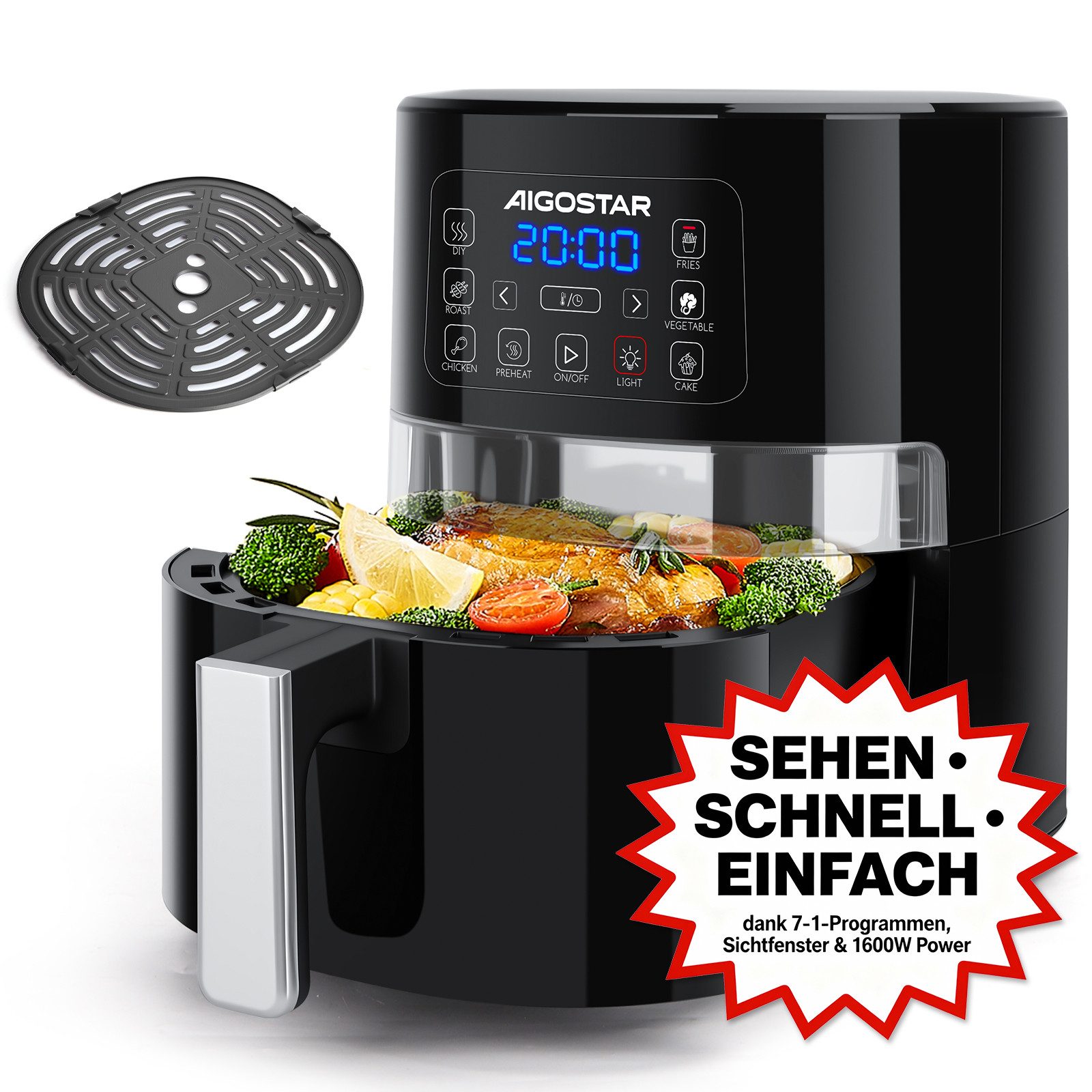 Heißluftfritteuse 4 L mit Sichtfenster, 7 voreingestellte Menüs, LED-Touchscreen, Energie Sparen