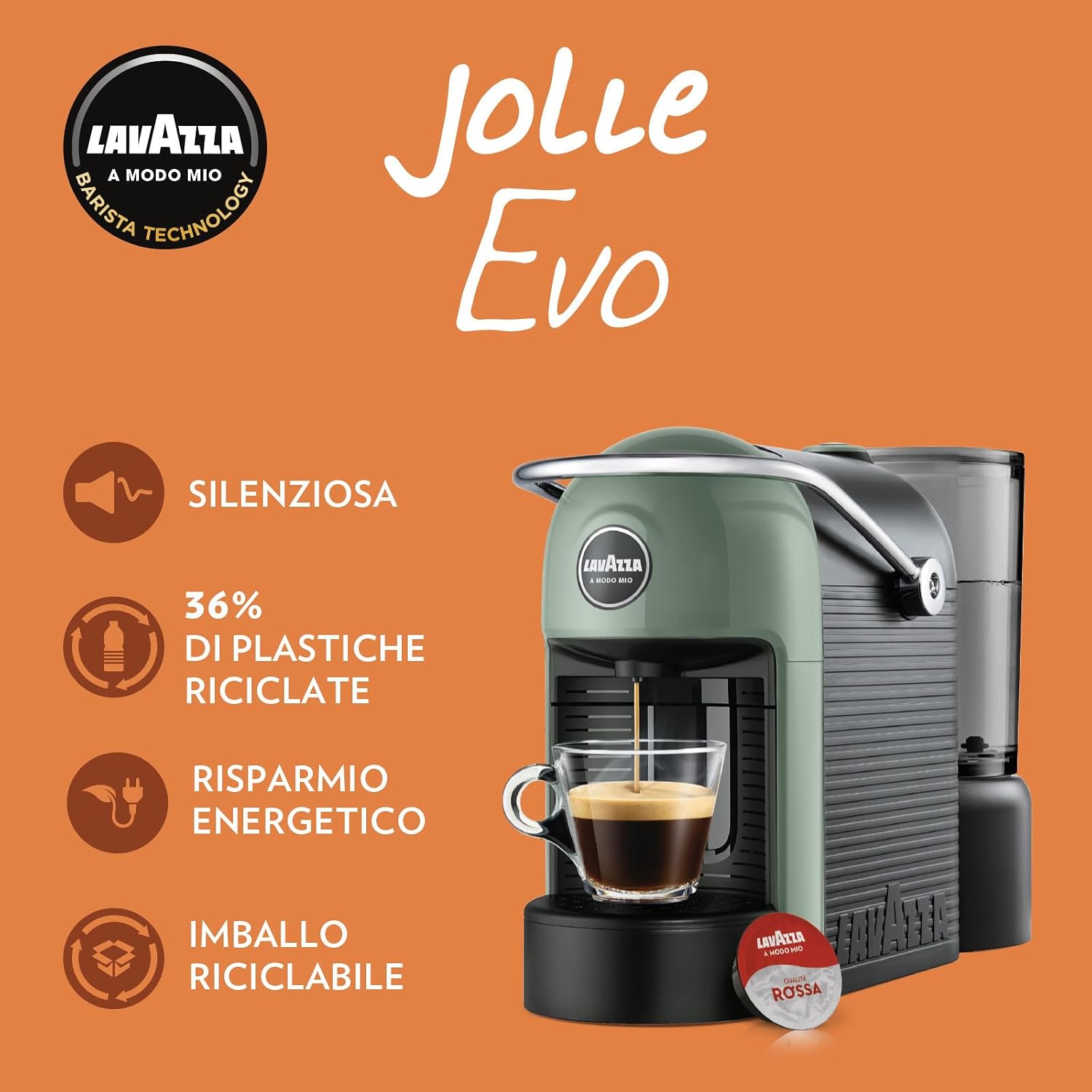 Lavazza, A Modo Mio Jolie Evo, Macchina per Caffè Realizzata con 36% di Plastica Riciclata, Macchina Espresso con 64 Capsule Lavazza, A Modo Mio Crema e Gusto Classico Incluse, Verde