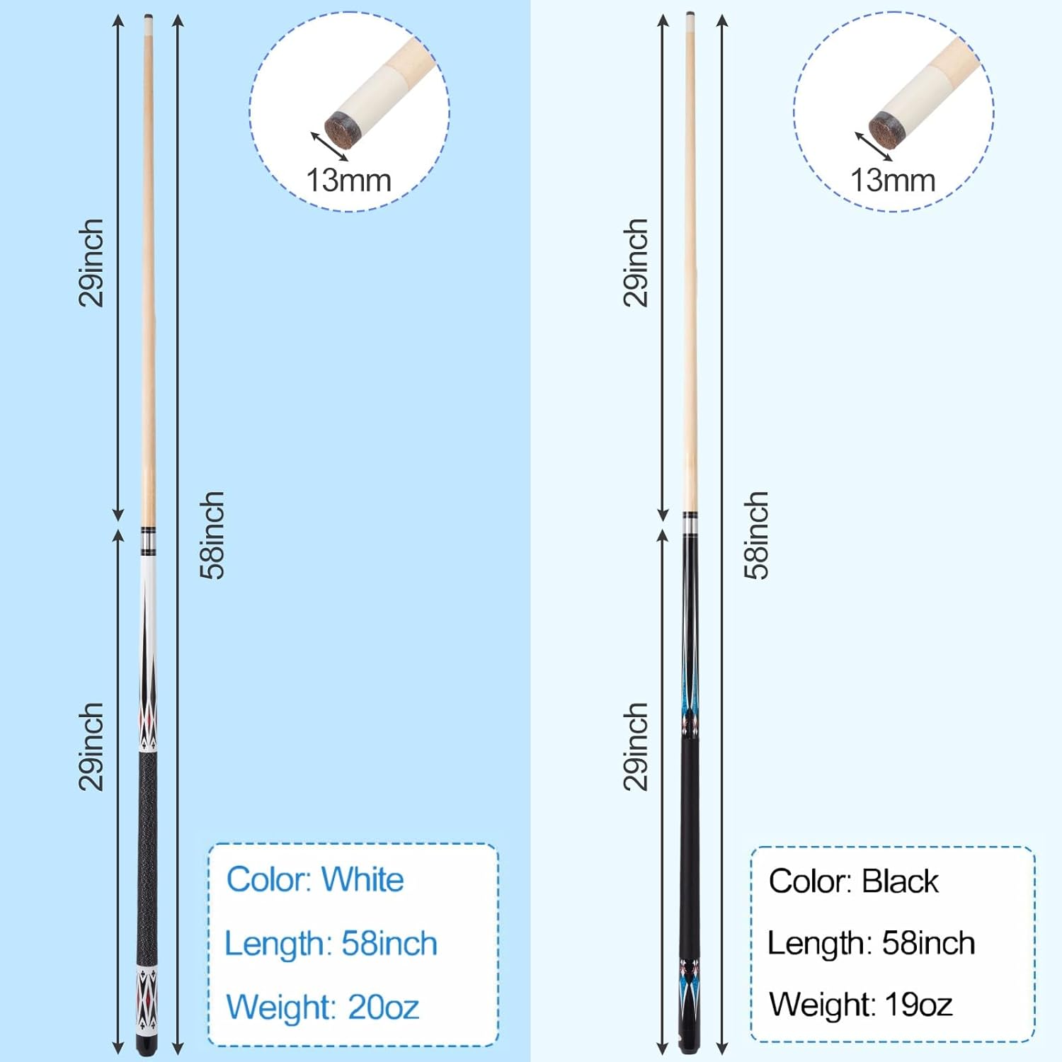 Sinsilvie 13mm 58 Pollici 19 20 Once Stecche Biliardo Pool,1/2 Maple Pool Cue Stick,Bastone da Biliardo da Bar per Uomini e Donne.
