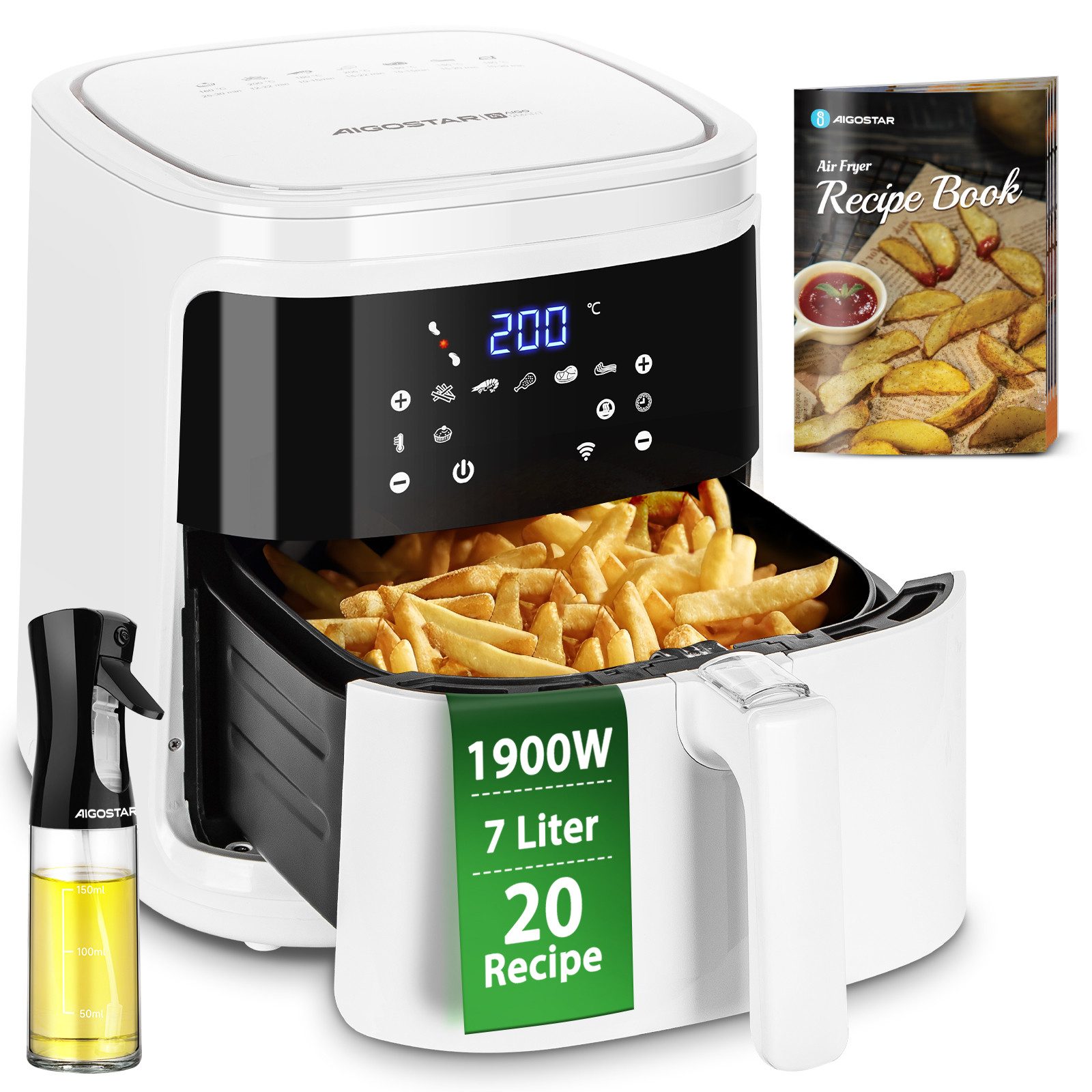 Heißluftfritteuse Cube - 7L 1900W Airfryer mit LED-Touchscreen, 7-in-1, Ohne Öl, 90% weniger Fett