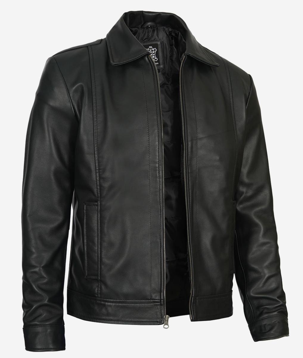 Mens Shirt Collar Vintage Black Leather Jacket