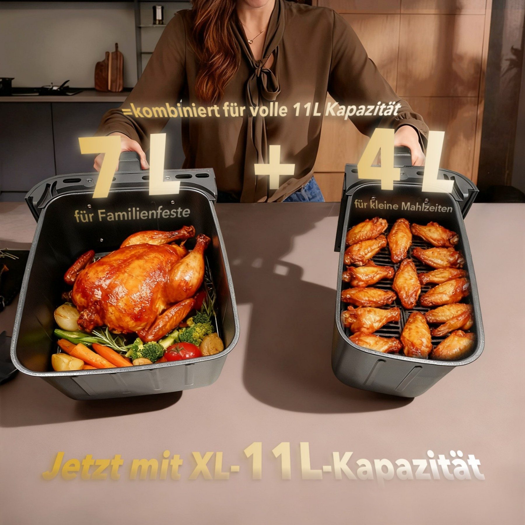 Heißluftfritteuse XXL 11L Airfryer Dual Zone 2600W – Heißluftfritteuse mit 2 Körben (4L+7L),10 Programme