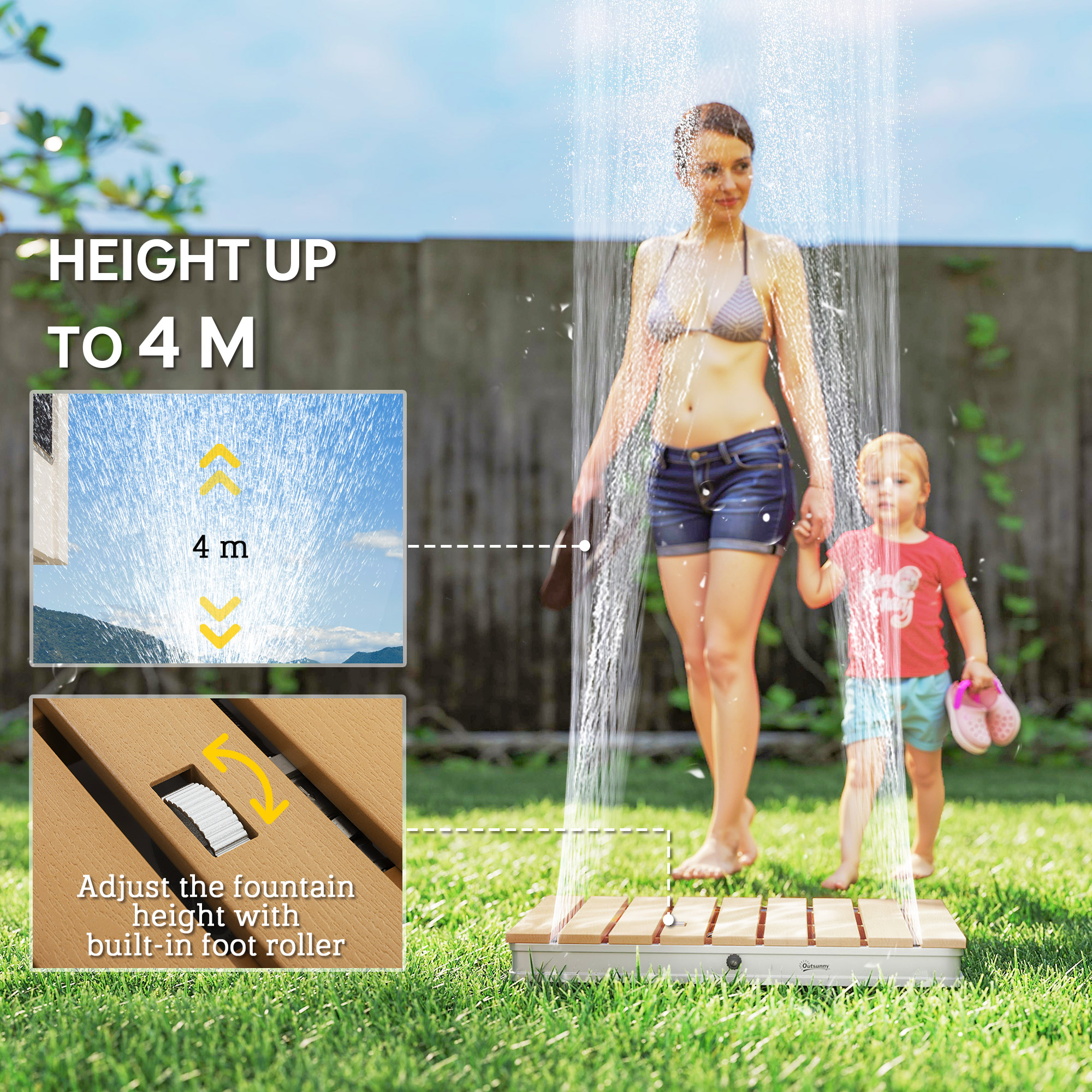 Outsunny Buitendouche Tuindouche met verstelbaar voetwiel Aluminium tot 4 m fonteinhoogte 70 x 55 cm Natuurhout