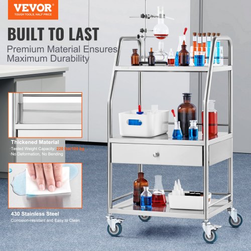 VEVOR Labor Rollwagen Dentallabor Servierwagen 3 Ebenen 1 Schublade Edelstahl