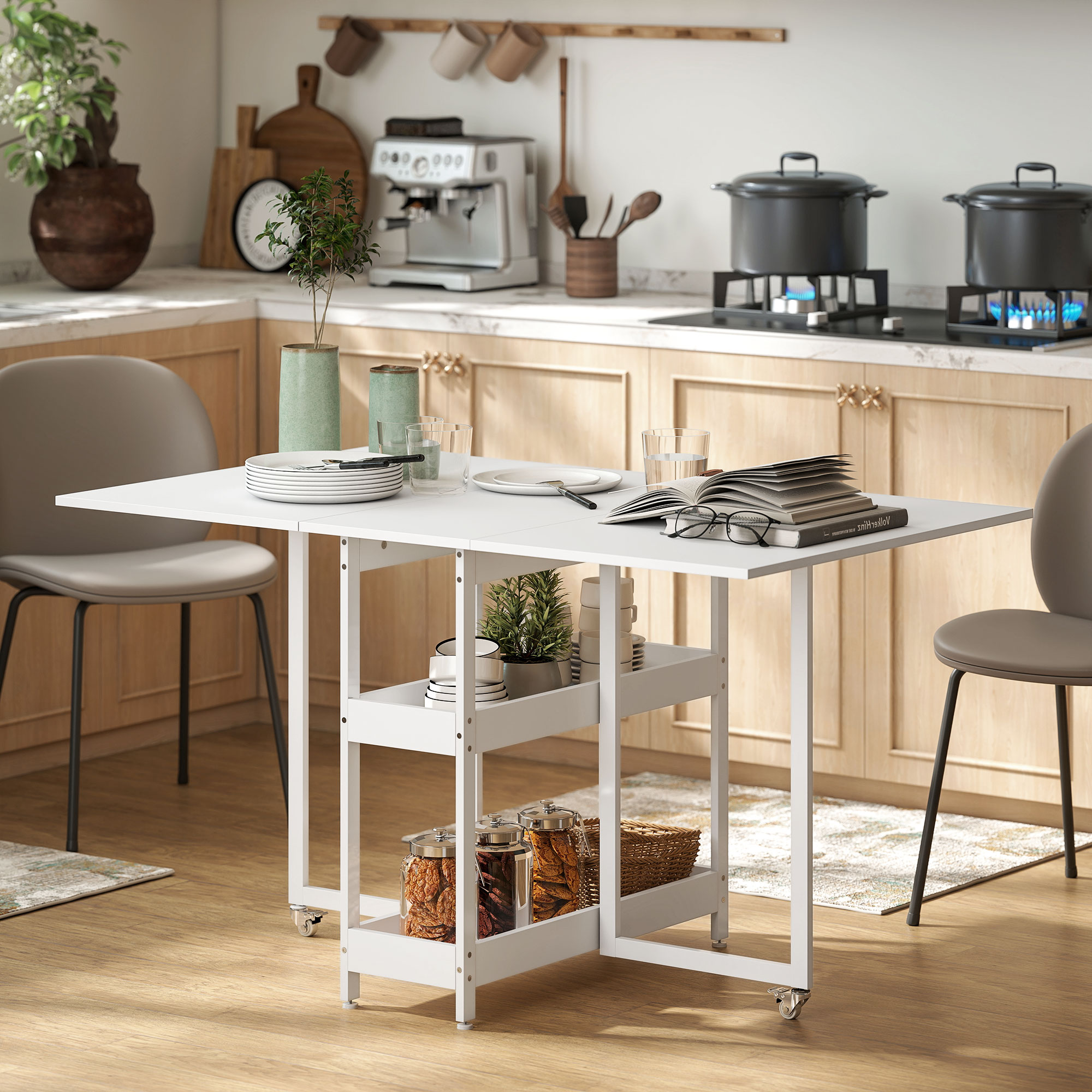 HOMCOM Klappbarer Esstisch im Industriedesign, für bis zu 4 Personen, offene Regale, flexibel, Metall, Spanplatte, Weiß