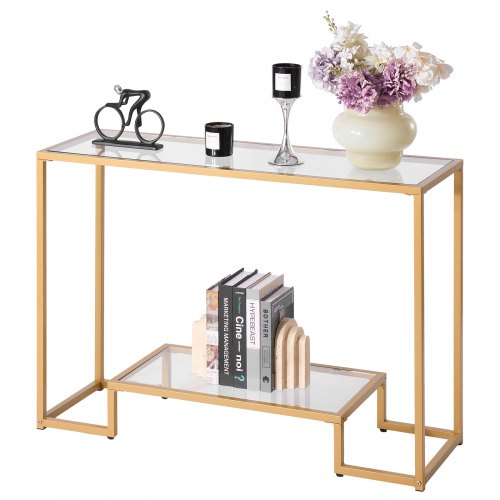 VEVOR 2-stufiger Glaskonsolentisch Rechteckiger Beistelltisch Golden 107cm