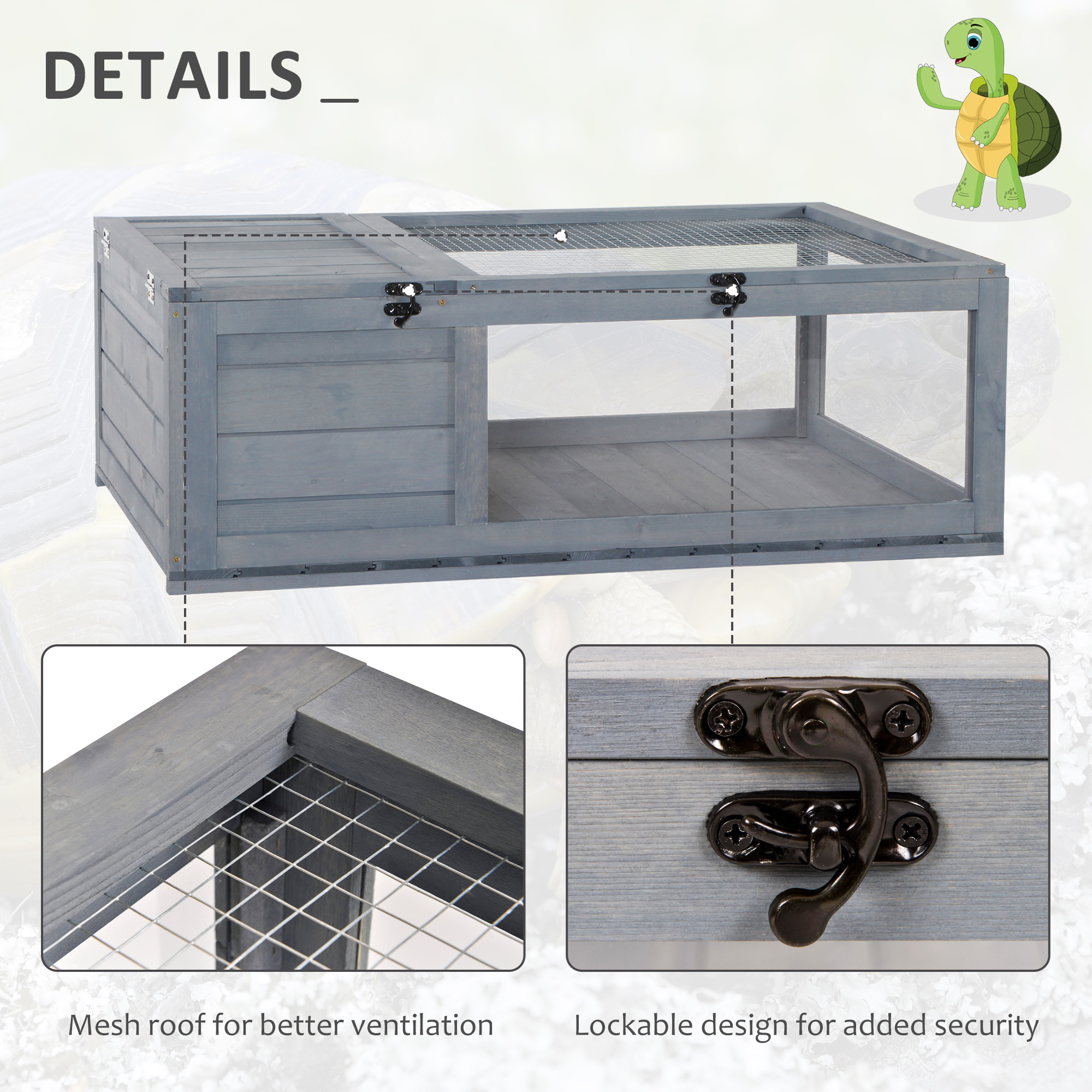 Schildpaddenverblijf van hout met opklapbare bovenkant 91x60,5x32 cm, Grijs