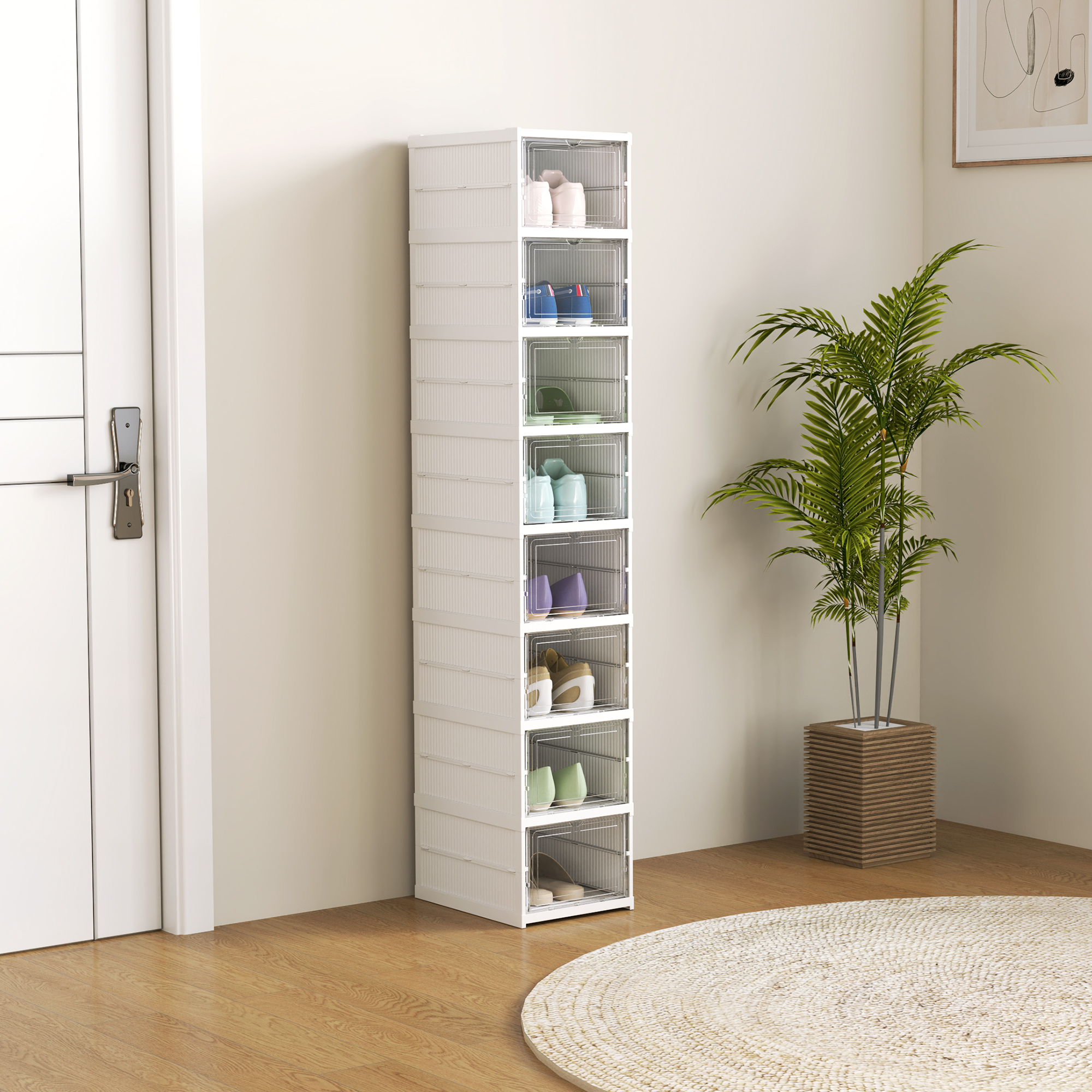 HOMCOM 8-stufiges Schuhregal, Schuhschrank, faltbar, belüftete Rückseite, Kunststoff, Weiß