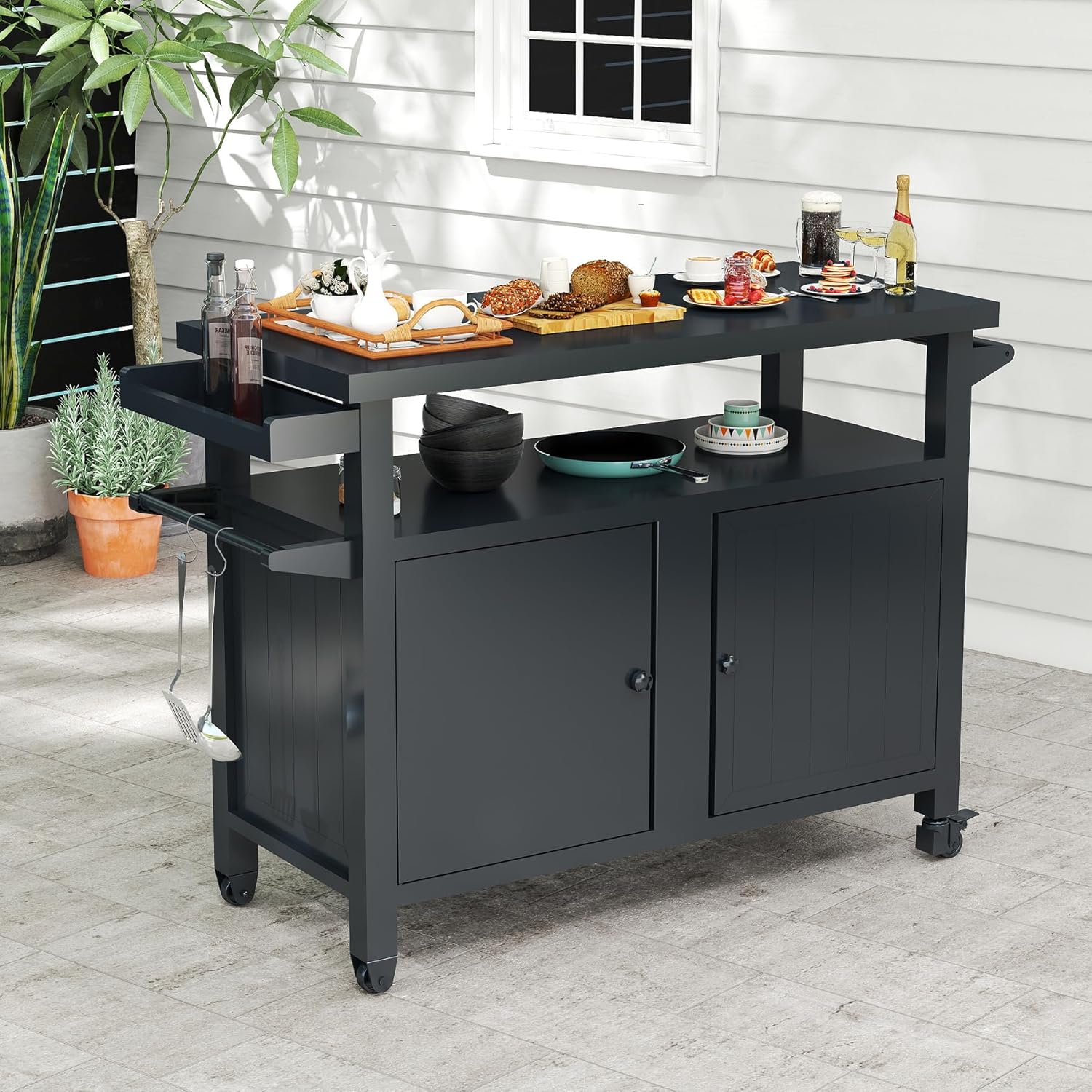 Outdoor Grill Cart with Storage Cabinet and Wheels Portable Grey