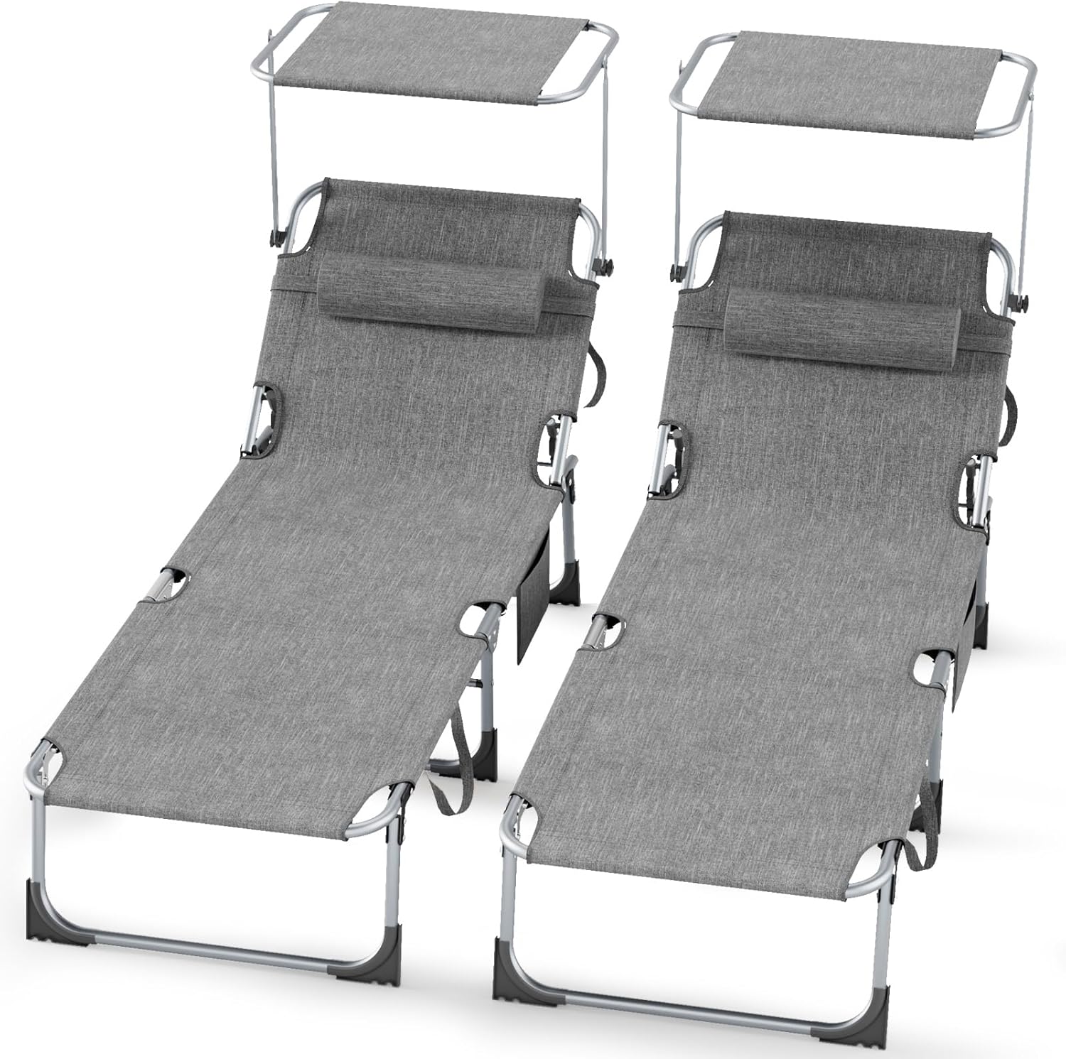 Sonnenliege klappbar 2er Set 194 X 68 X 29 cm, Aluminium Liegestuhl trägt bis zu 150kg, Strandliege Gartenliege wetterfest Sonnenschutz mit Verstellbarer Rückenlehne, Hellgrau