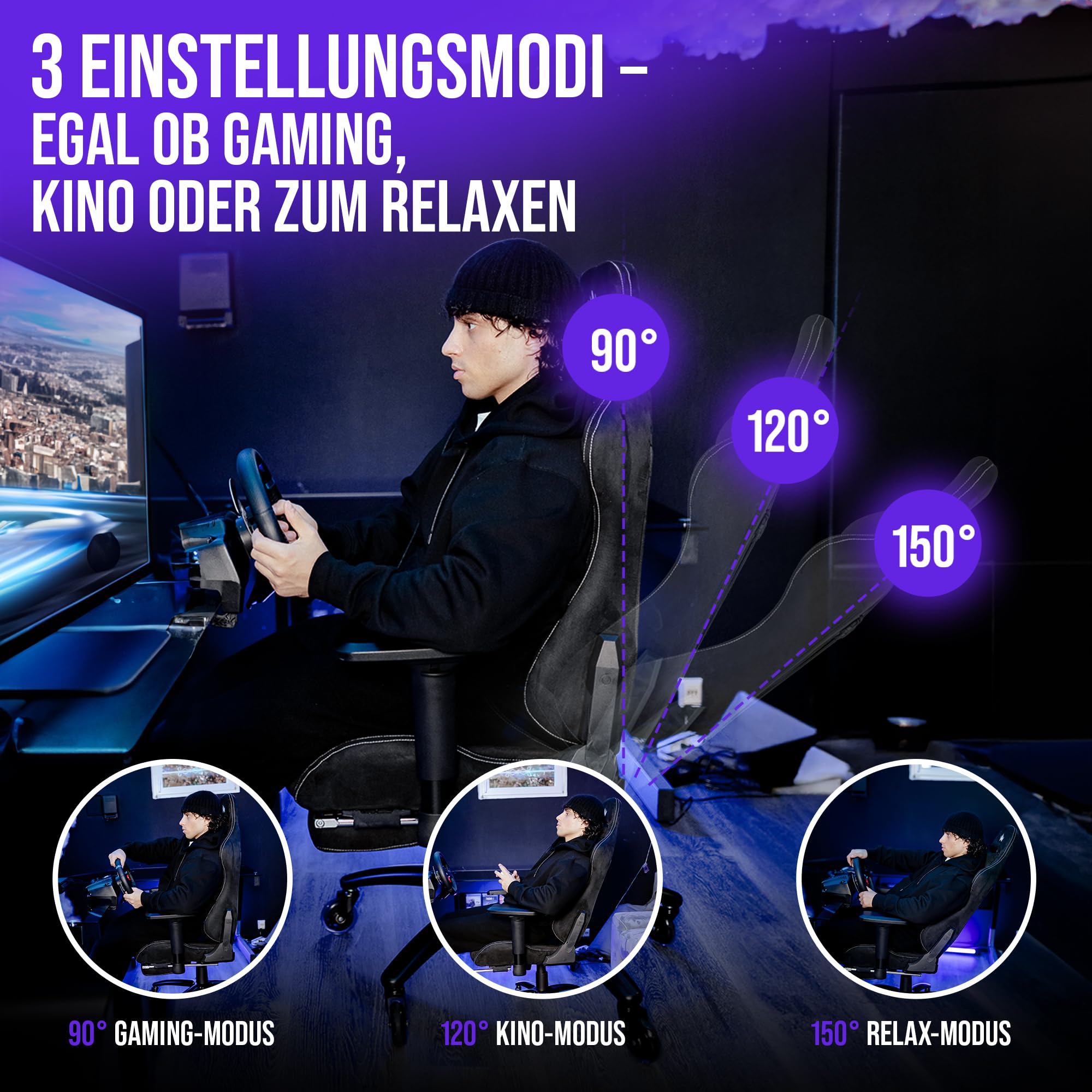 Gamingstuhl ergonomisch mit Fußstütze und 4D-Armlehnen, belastbar bis 150 kg, Schwarz