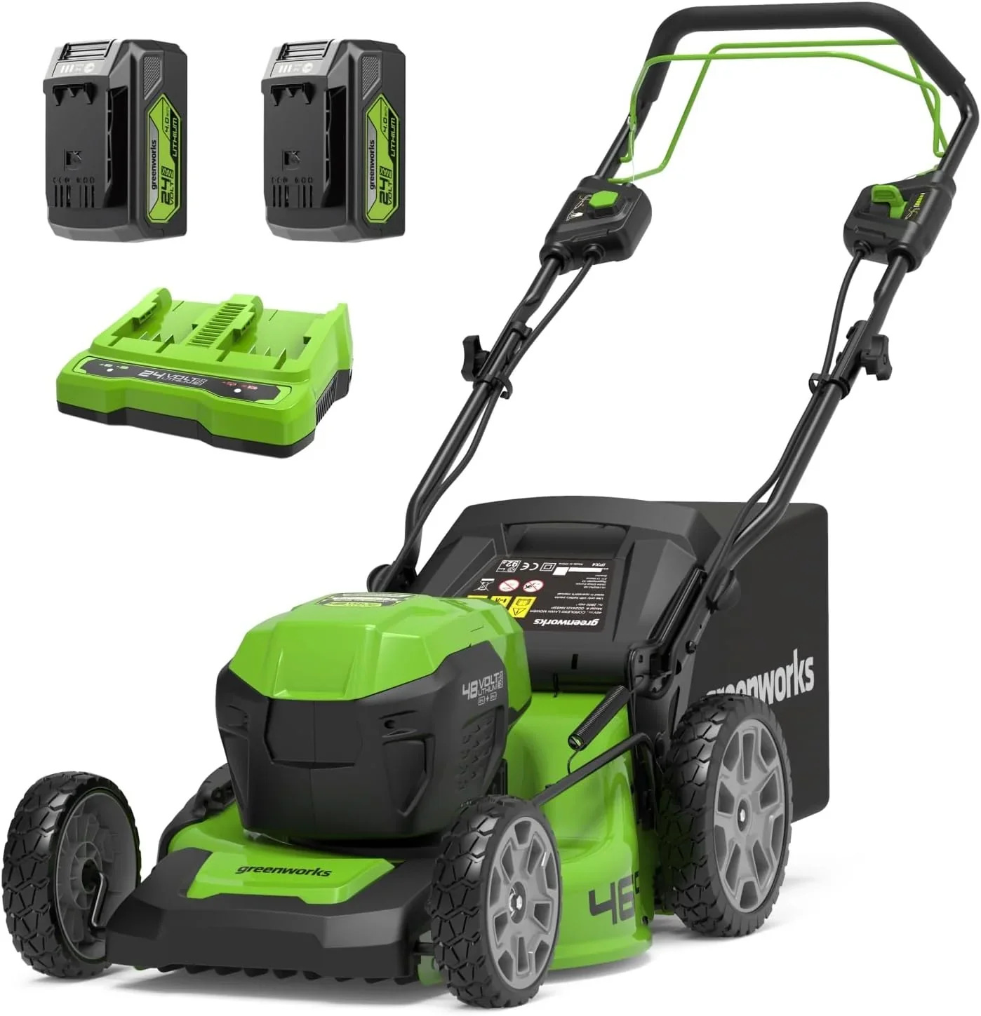 Greenworks 48V (2x24V) Selbstfahrender Akku Rasenmher f��r groe Flchen bis zu 480m, 46cm Schnittbreite, 55L Sack PLUS zwei 4Ah-Akkus und Doppelladegert GD24X2LM46SPK4X