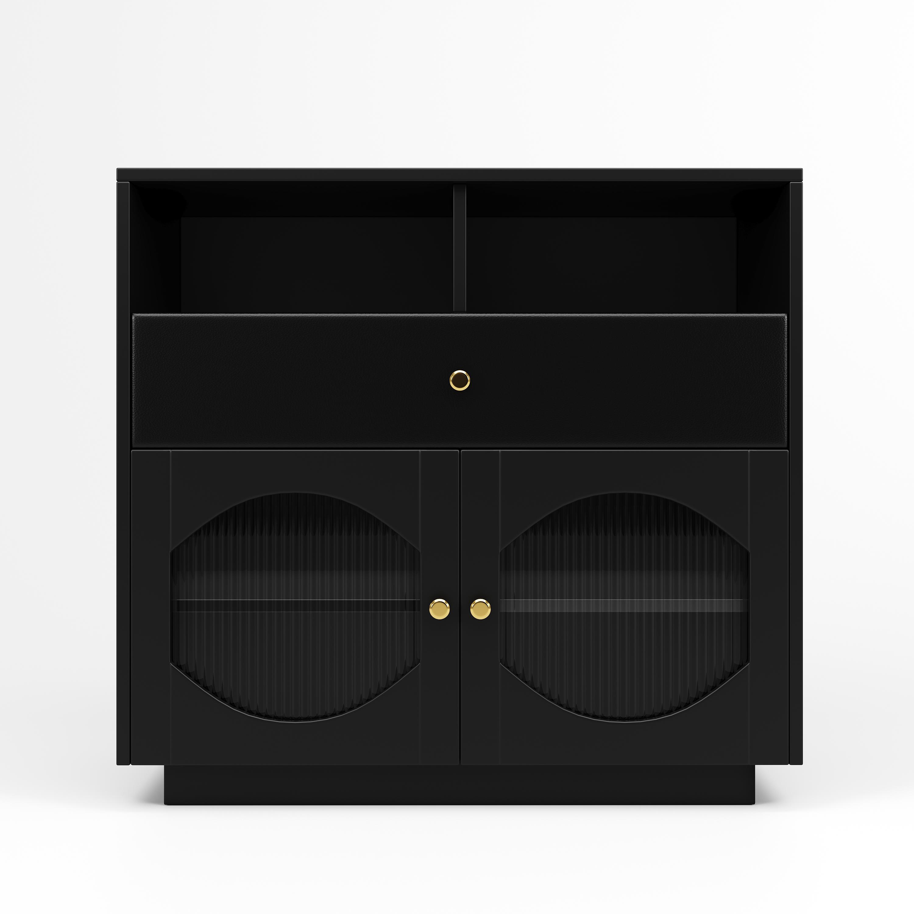 Küchenschrank Sideboard mit Glastüren, Modernes Design, Geräumiger Stauraum, 100×40×90,5 cm, Schwarz
