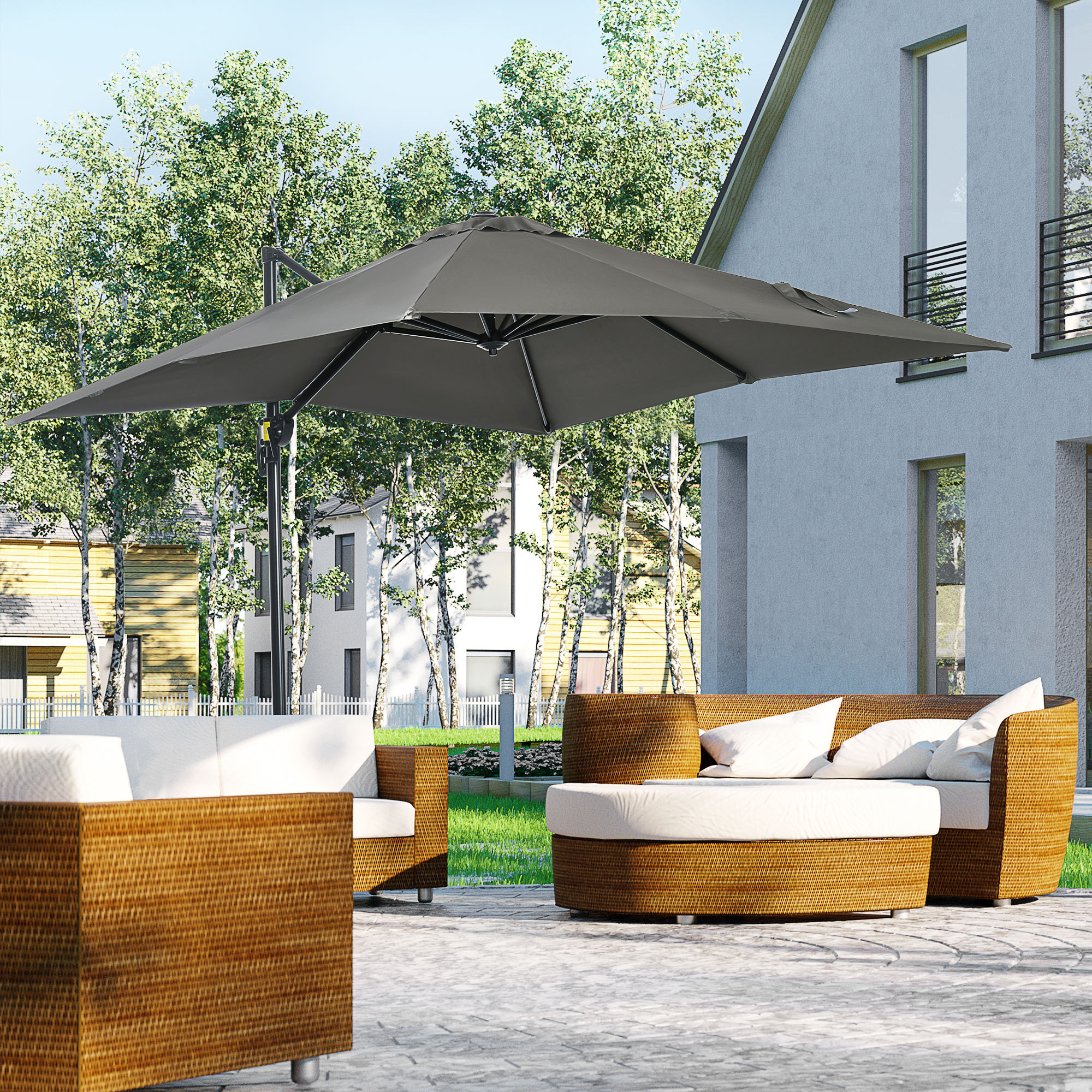 Outsunny Ampelschirm Sonnenschirm Gartenschirm, Kreuzfuß, schwenkbar, wetterbeständig, 245 cm x 245 cm x 245 cm, Grau