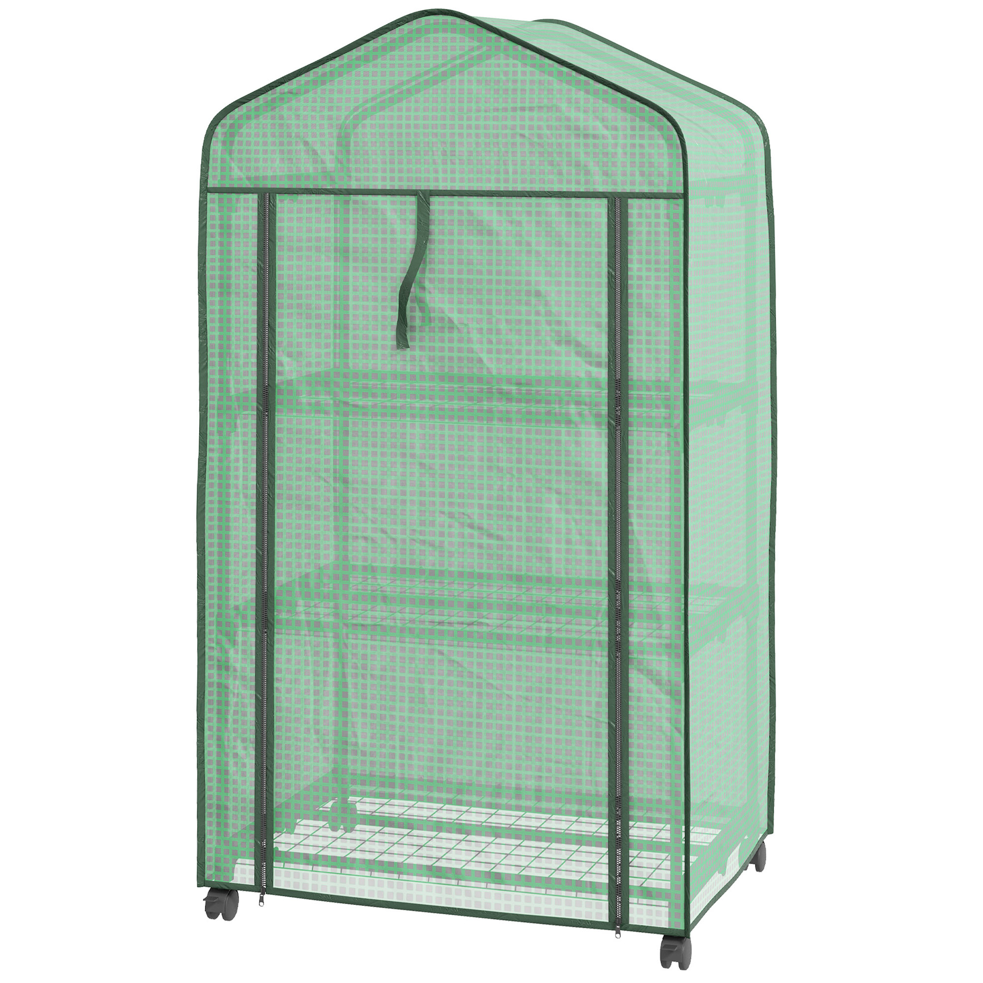 Outsunny Mini Garten-Gewächshaus mit 3 Regalen, hochdichte PE-Abdeckung, aufrollbare Tür, 4 Rollen, Maße 69L x 49B x 130H cm