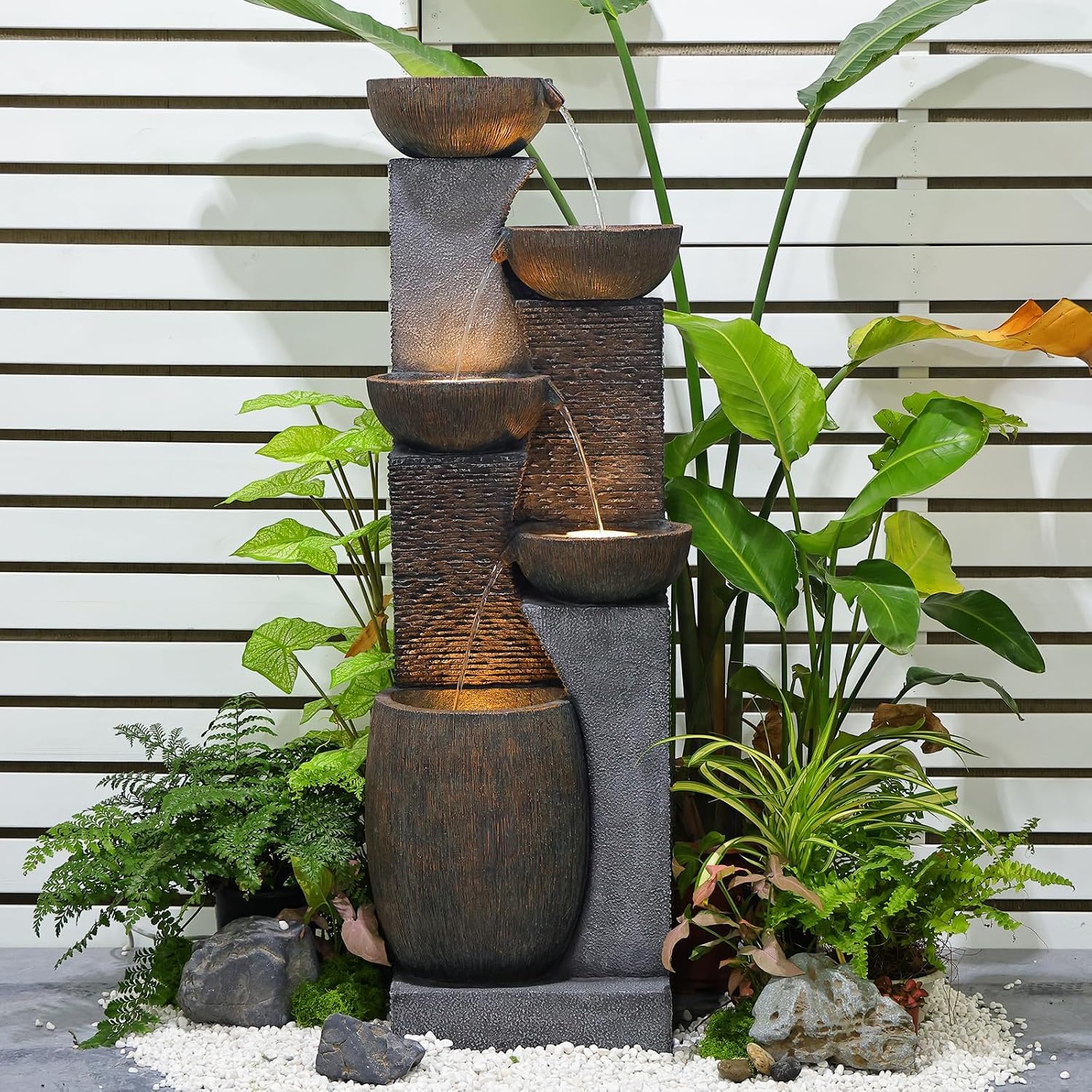 Bumilgar 130cm Großer Gartenbrunnen Springbrunnen für Außen mit LED Beleuchtung, 5-stufiger Wasserspiel Wasserfall Brunnen für Garten, Balkon, Grau