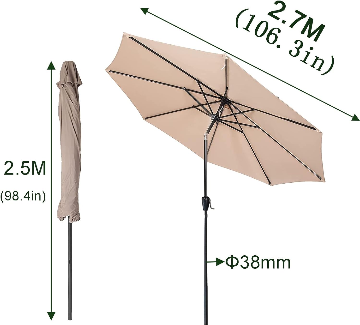 1 Stück, Garten-Sonnenschirm, runder strapazierfähiger Sonnenschirm für den Außenbereich mit Kippfunktion, weinrot, dunkelgrün, beige, khaki, D2.7M*H2.5M, für Hinterhof-Pool-Markt-Balkon,