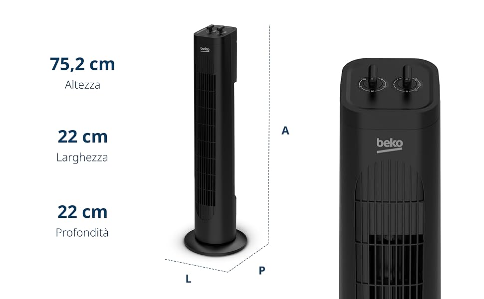 Il testo recita ?75,2 cm Altura, 22 cm Lardezza, 22 cm Profondità?. Ventilatore a torre nero con le dimensioni del prodotto etichettate, che mostrano le viste frontali e laterali della ventola del marchio Beko.