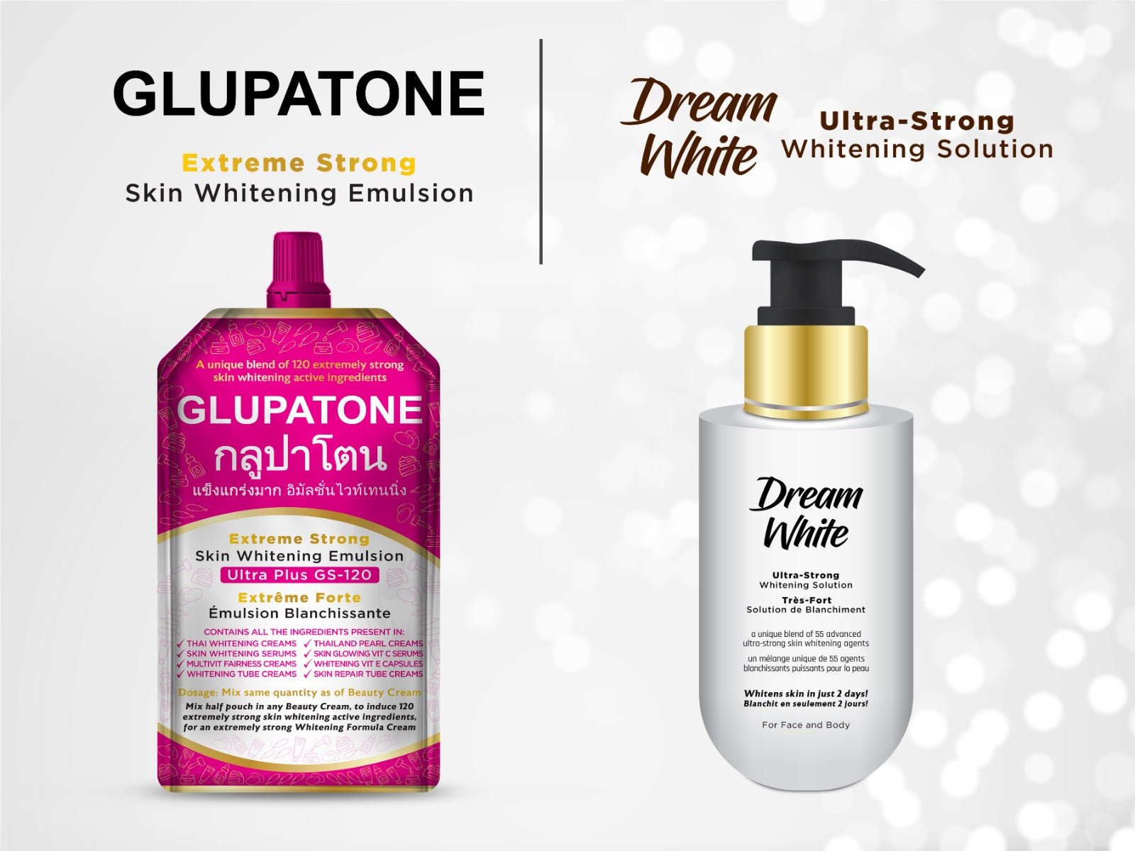 Glupatone- Extreme Whitening Emulsion Ultra Plus GS-20 (50ml) + DreamWhite Ultra Strong Lotion (100ml)