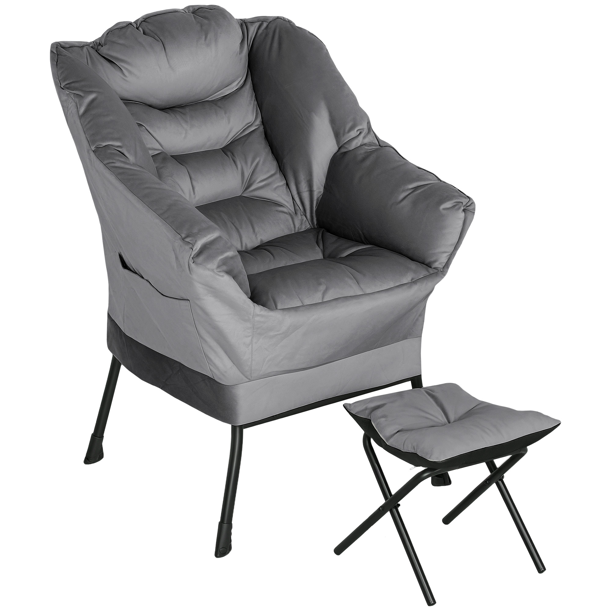 HOMCOM Moderner Sessel mit Fußhocker und 2 Seitentaschen, aus samtartigem Stoff und Stahl, 80x78x100 cm, Grau