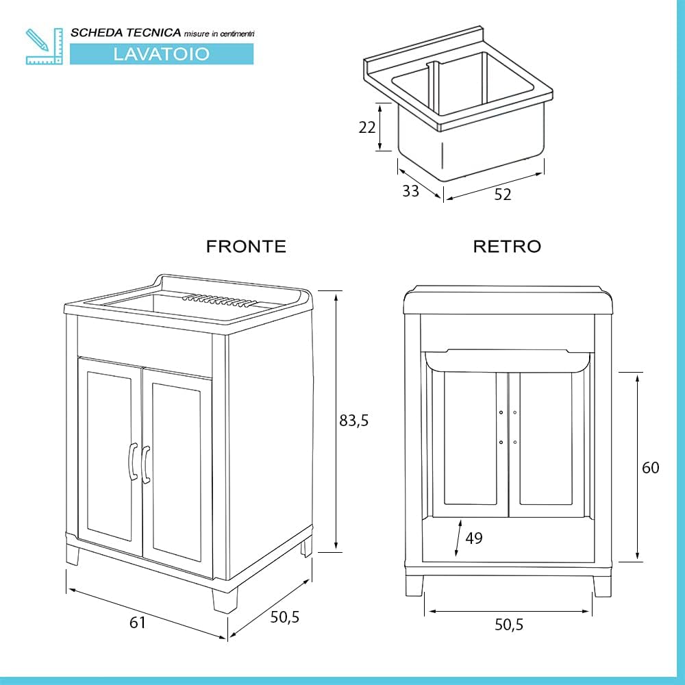Mobile lavatoio lavanderia 60x50, ideale per esterno e interno, resina PVC bianco in kit di montaggio, INCLUDE asse e kit di scarico (60x50)