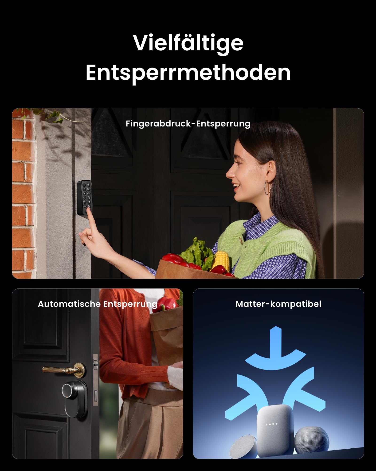 Elektronisches Türschloss Smart Lock Ultra mit Fingerabdruck, NFC-Karte und Keypad Touch, aufladbarer Akku, Matter-fähig, für Smartphone, Alexa und