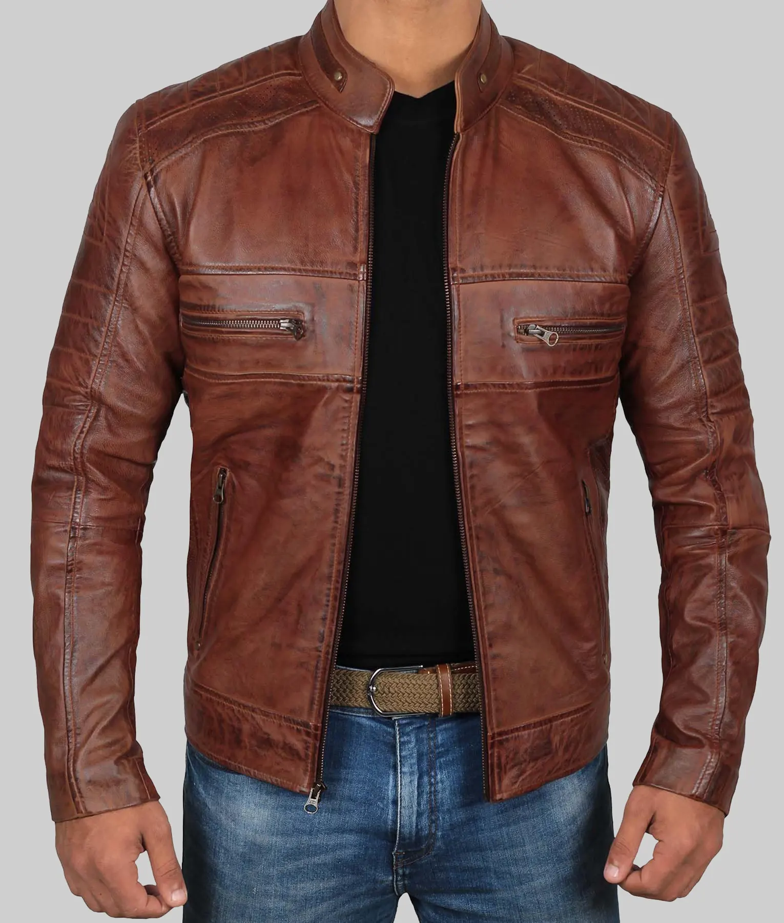 Roger Vintage Brown Leather Cafe Racer Jacket