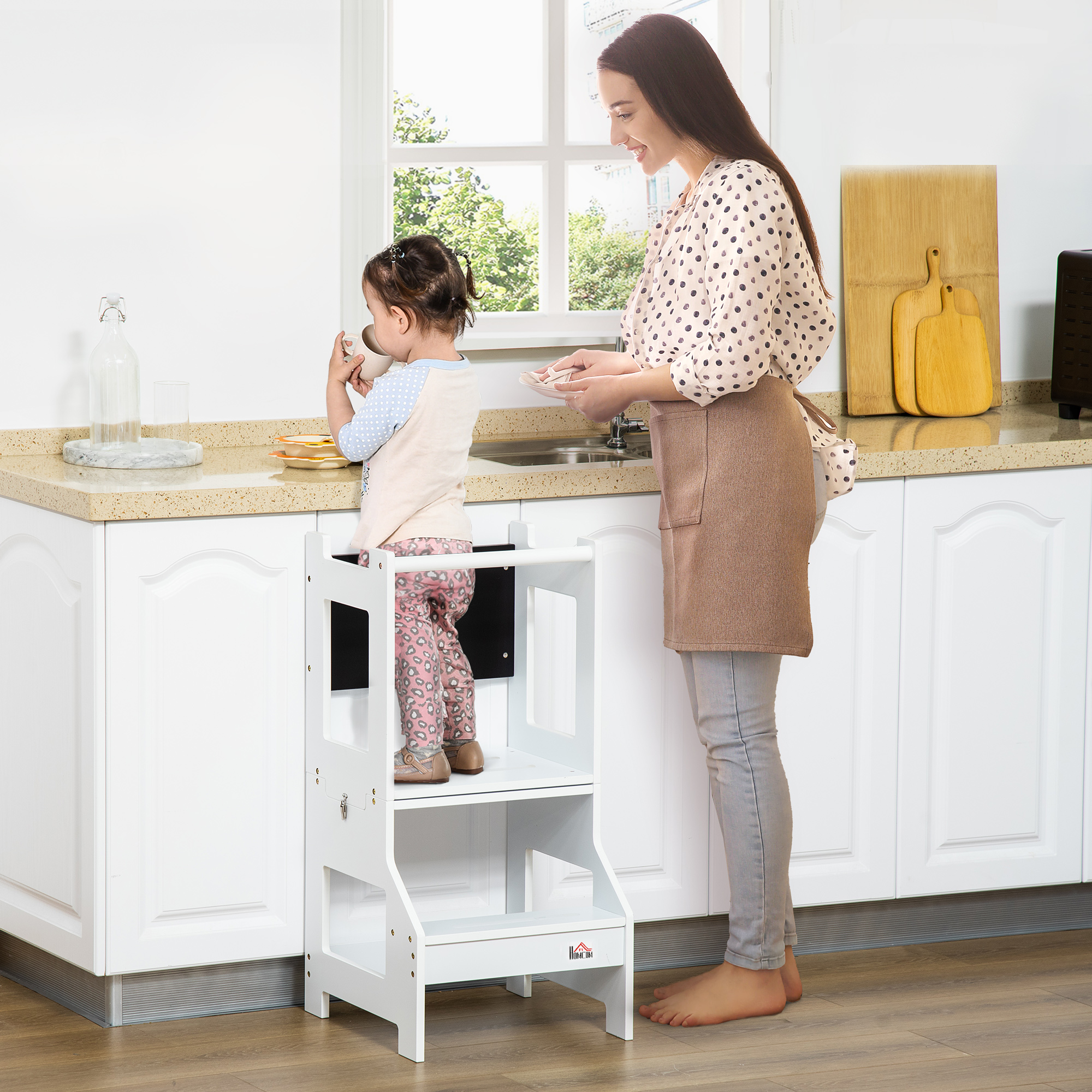 HOMCOM Lern- und Malstuhl mit Kreidetafel und 3-in-1 Schreibtischhockerfunktion - rutschfeste Stufen, Sicherheitsbügel, hohe Stabilität - MDF Weiß Schwarz