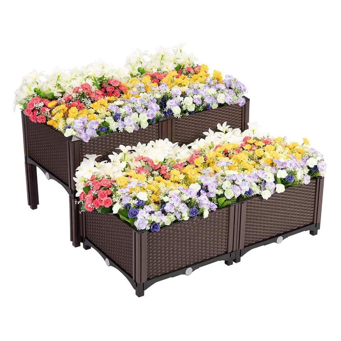 Premium Raised Garden Bed Planter Kit by Elevated &ndash; Set of 4, Self Watering, Reinforced PP, Rattan Pattern, 19.5&prime;&prime;x19.5&prime;&prime;, Brown