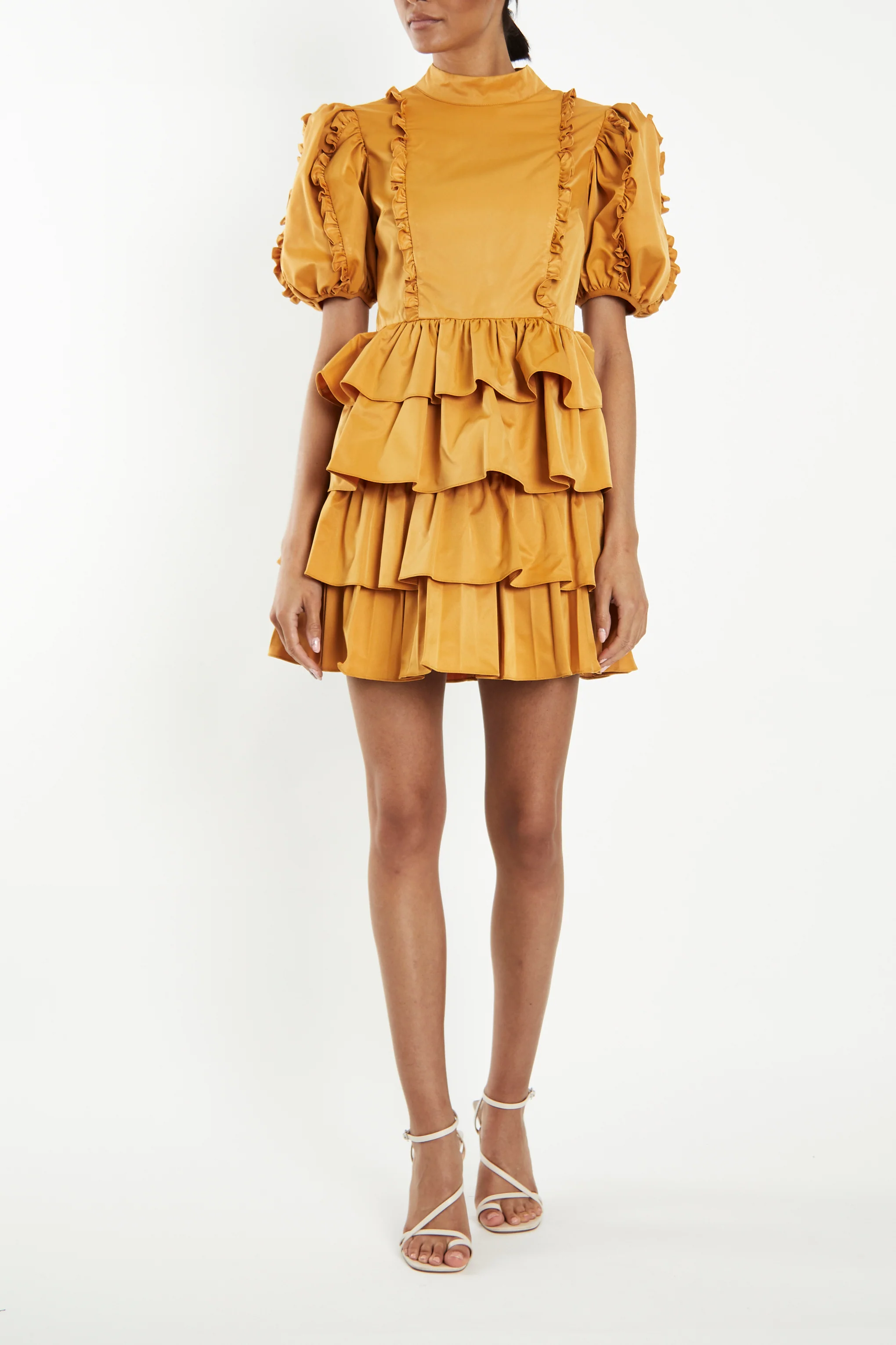 Lucy Mustard High-Neck Statement Sleeve Mini-Dress