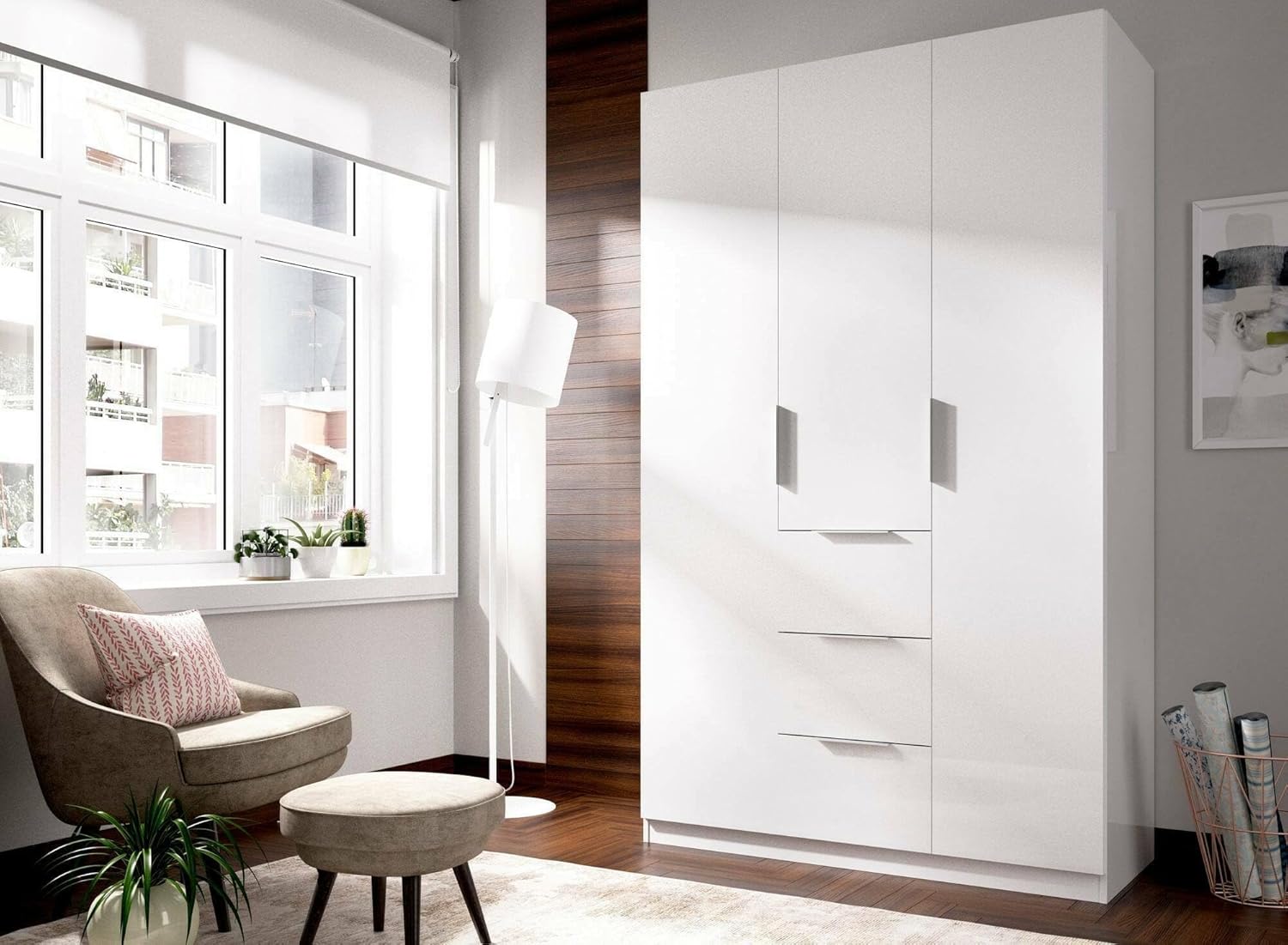Dmora - Falterona Wardrobe for Bedroom, Wardrobe with 3 Hinged Doors and 3 Drawers, 135 x 52 x 204 cm, White