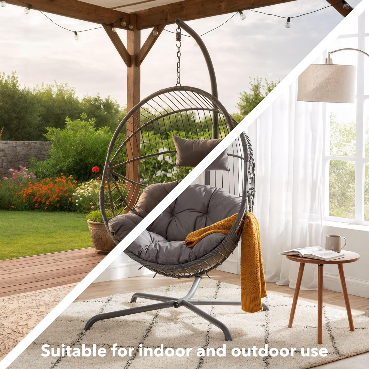 Arebos Poltrona Sospesa con Telaio | Poltrona a Uovo da Giardino e Balcone | Altezza Regolabile 160–180 cm | Telaio in Acciaio fino a 130 kg | con Cuscini Seduta e Schienale