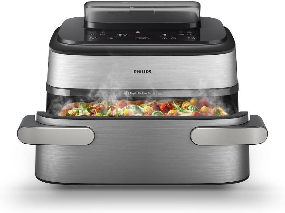 Philips Steam Airfryer 5000 Series Dual Basket Heißluftfritteuse mit Dampfgar-Funktion & 2 Körben – Steam, Airfry, SteamFry, 9L (3L+6L), RapidAir Plus, automatische Dampfreinigung (NA550/00)