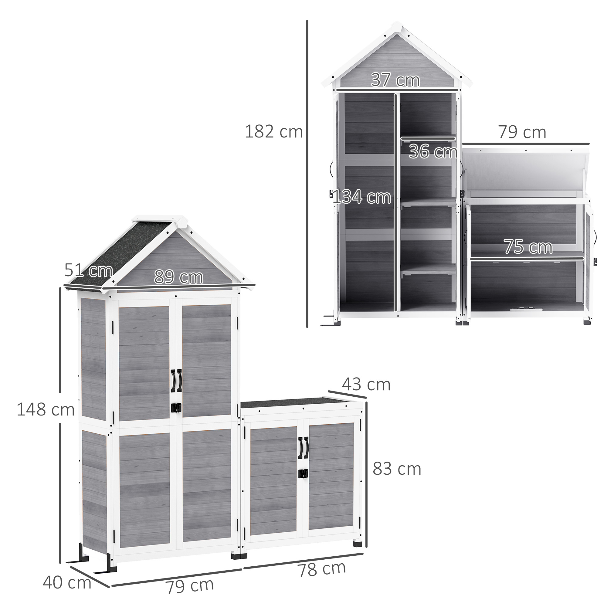 Tuinschuur met Opbergkast, Aanpasbare Planken, Afsluitbare Deuren, Waterbestendig, Sparrenhout, Lichtgrijs