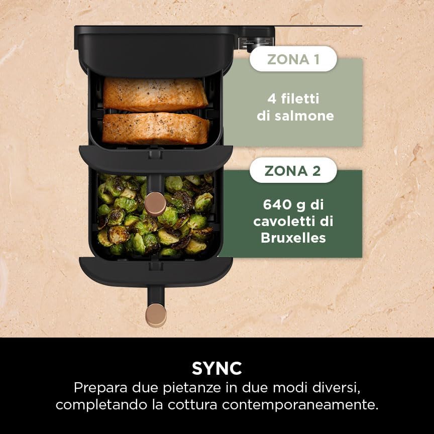 Ninja Double Stack XL Friggitrice ad Aria Verticale, Doppia Zona, 4 Livelli, 2 Scomparti, 2 Griglie, Capienza 9.5L, 6 Funzioni, 8 Porzioni, Parti Lavabili in Lavastoviglie, Pinze, Nero/Rame, SL400EUCP