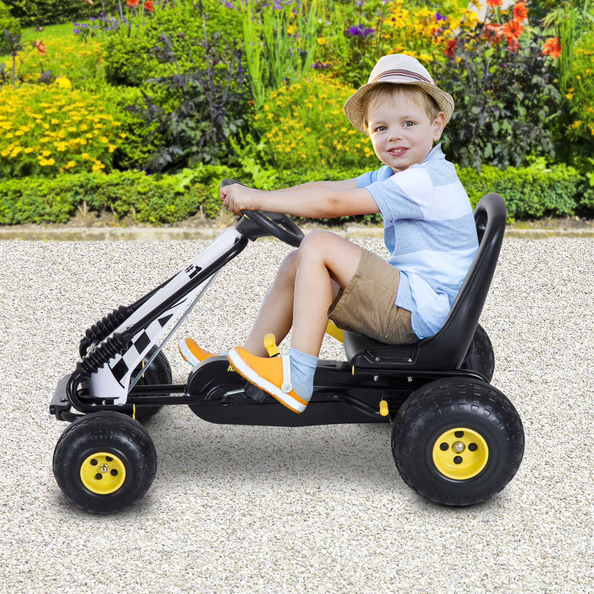 HOMCOM Gokart mit verstellbarem Sitz Tretauto Tretfahrzeug mit Handbremse Pedal Gokart Pedalfahrzeug ab 3 Jahre Kinder Schwarz 95 x 66,5 x 57 cm