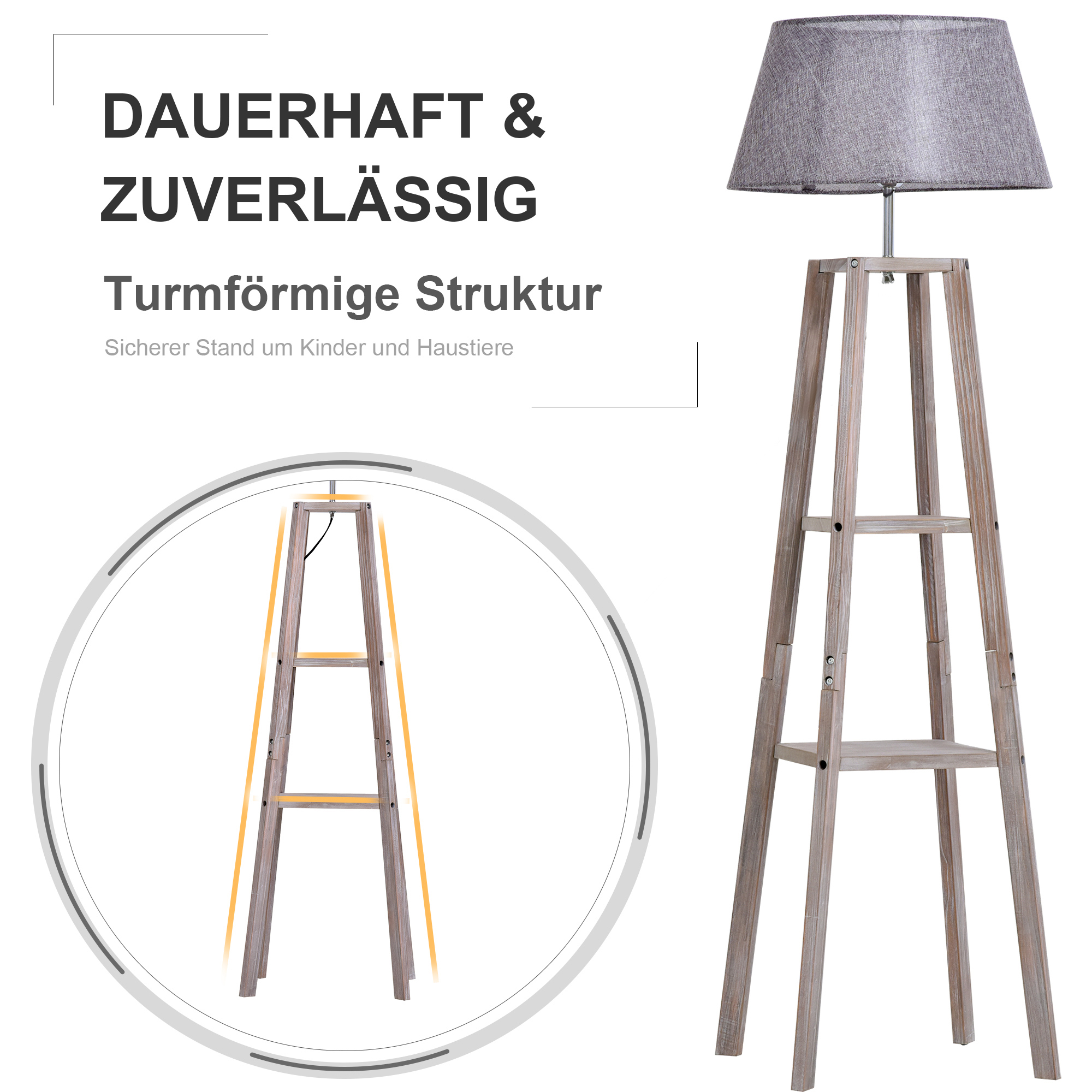 Staande lamp met schappen, Scandinavische schemerlamp, lamp, linnen, grenen hout, natuurlijk, grijs, 45 x 45 x 148 cm schappen vloerlamp lamp grenen naturel grijs | Aosom.de