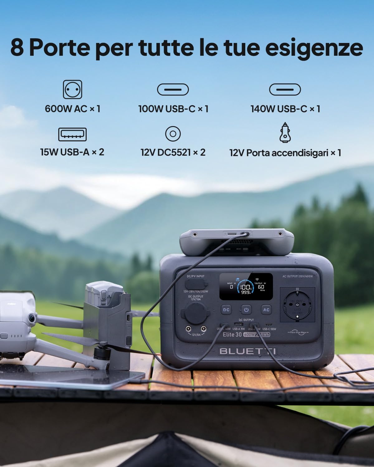 BLUETTI Stazione di Energia Portatile Elite 30 V2, Batteria LiFePO4 da 288Wh, Uscita CA da 600W (Picco 1500W), Ricarica Totale in 70 Minuti, Ideale per Campeggio, Viaggi, Interruzioni di Corrente