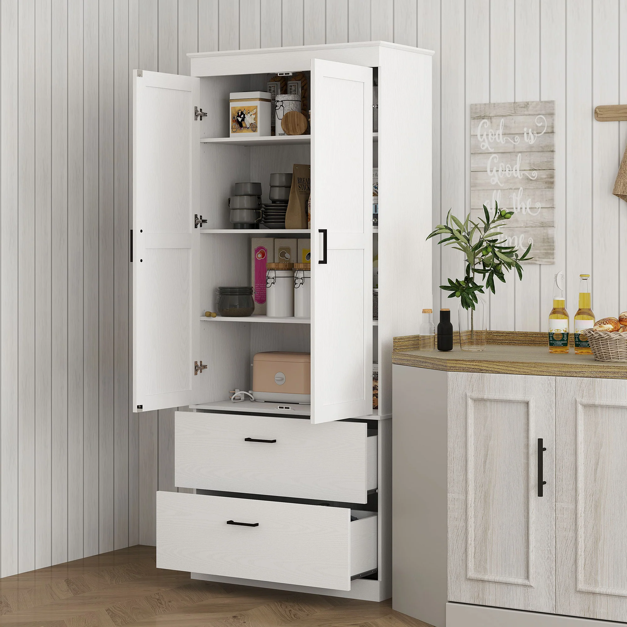 HOMCOM Vrijstaande Keukenkast met Verstelbare Schappen en Twee Brede Laden voor Woonkamer, Keuken, Wit
