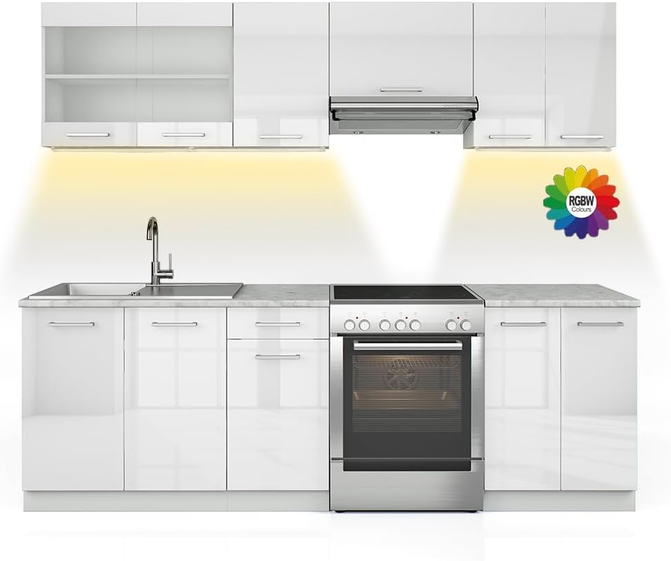 Vicco Cucina componibile Raul, Bianco, 240 cm, PL Marmo con striscia LED
